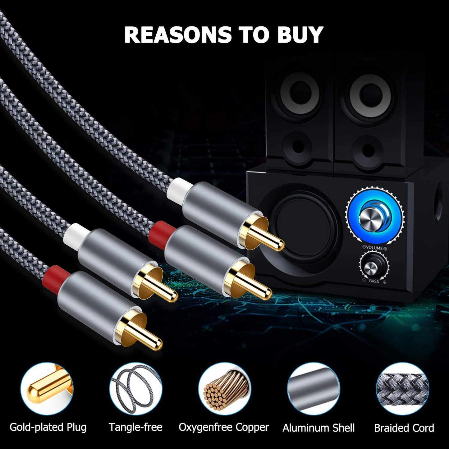 Goalfish RCA Cable, 2 Pack 2-Male to 2-Male RCA Audio Stereo Subwoofer Cable [Hi-Fi Sound,Shielded] Auxiliary Audio Cord for Home Theater, HDTV