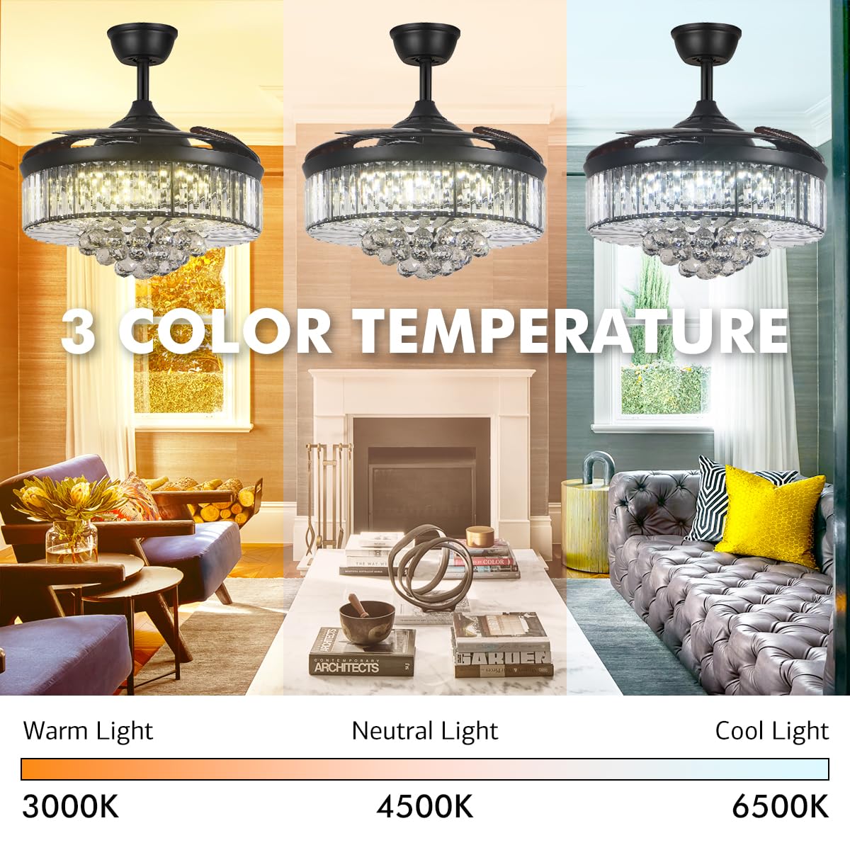 A Million 42" Crystal Ceiling Fan with Lights, Black Ceiling Fan Chandelier with Remote Control 3 Color Light and 3 Speed Change Retractable Blade