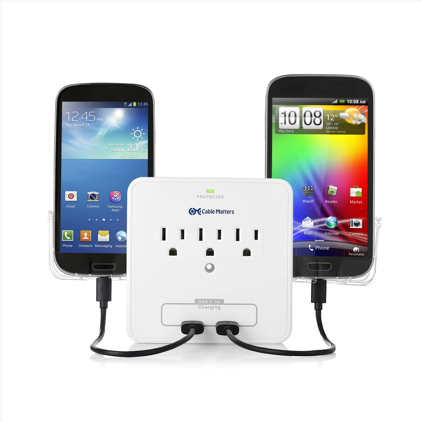 Cable Matters 3 Outlet Wall Mount Surge Protector with USB Charging and 3 Inch Wide Slide-Out Smartphone Holders White