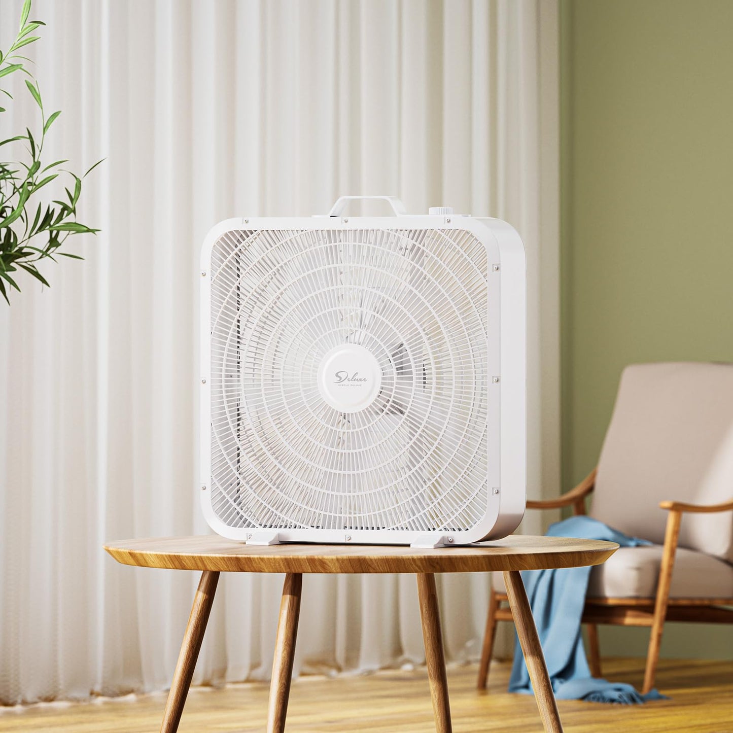 Simple Deluxe 20” Box Fan, 3-Speed Cooling Table Fan with Aerodynamic Shaped Fans Blades, Convenient Carry Handle and Safety Grills, White