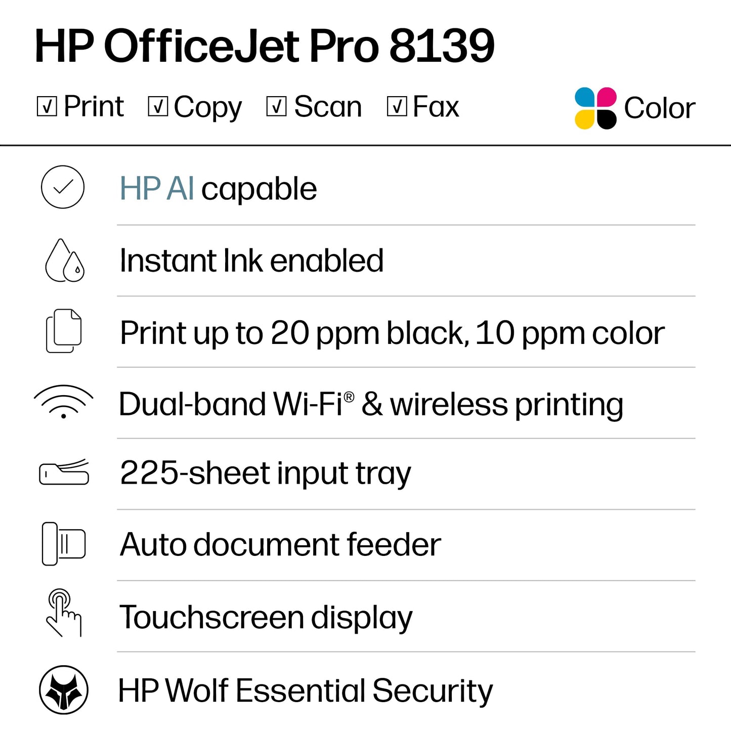 HP OfficeJet Pro 8139 Wireless All-in-One Color Inkjet Printer, Print, Scan, Copy, Fax, ADF, Duplex Printing Best-for-Home-Office, 1 Year Trial
