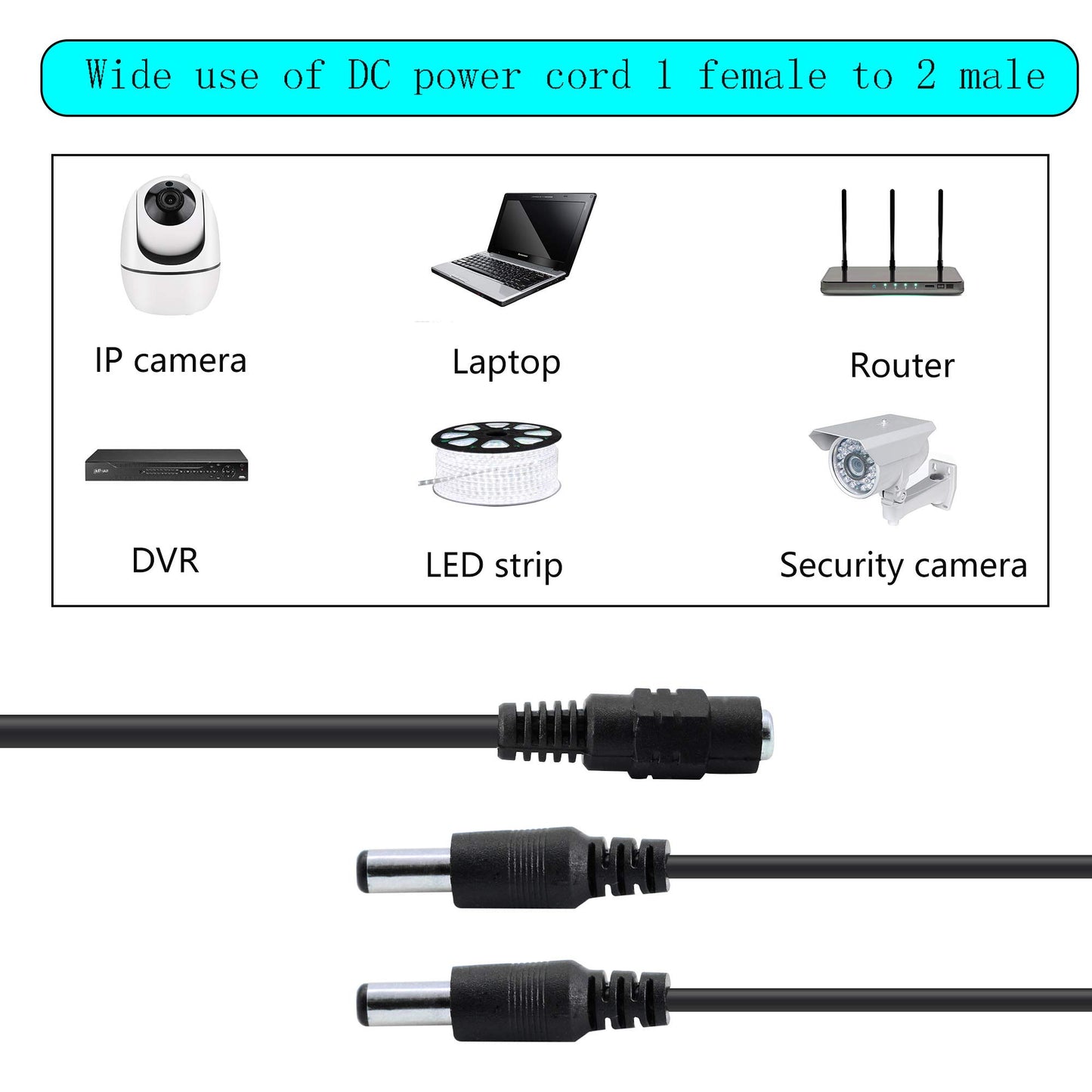 GINTOOYUN DC Y Splitter Cable 1 Female to 2 Male,5.5mm x 2.1mm DC Power Extension Adapter Cable,for CCTV Surveillance Cameras,Surveillance
