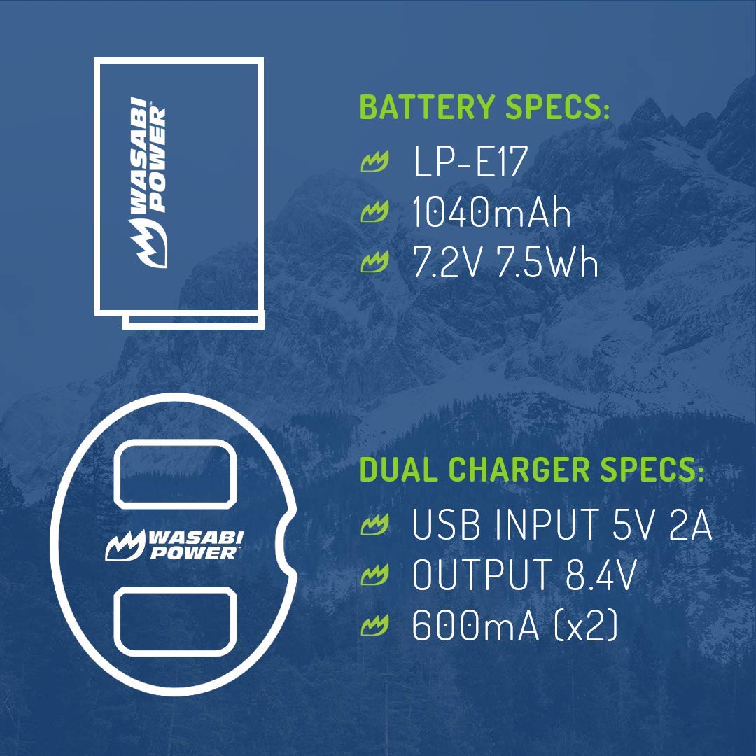 Wasabi Power LP-E17 Battery (2-Pack) and Dual USB Charger for Canon LP-E17 and Canon EOS R10, EOS RP, EOS M6 Mark II, M6, M5, M3, EOS Rebel T8i, T7i