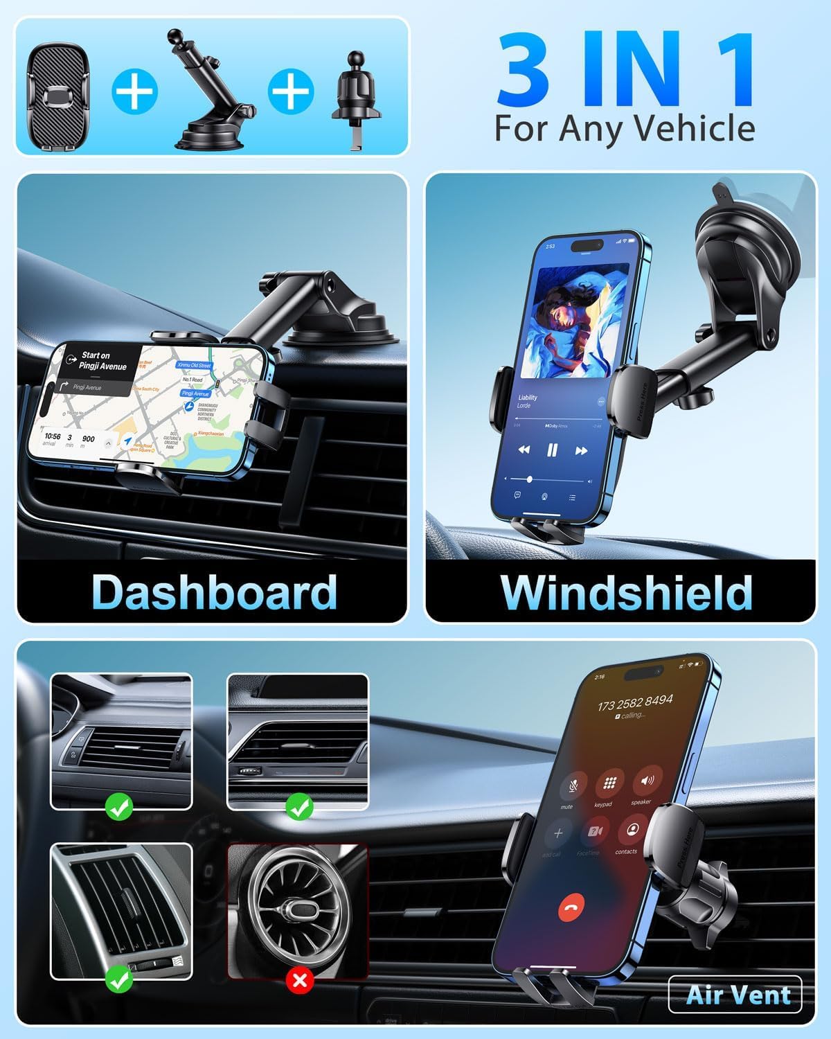 FESIYOYE Car Phone Holder[Military-Grade 360°Suction Cup] Phone Holders for Your Car Universal Accessories Air Vent Dashboard Windshield Phone Mount