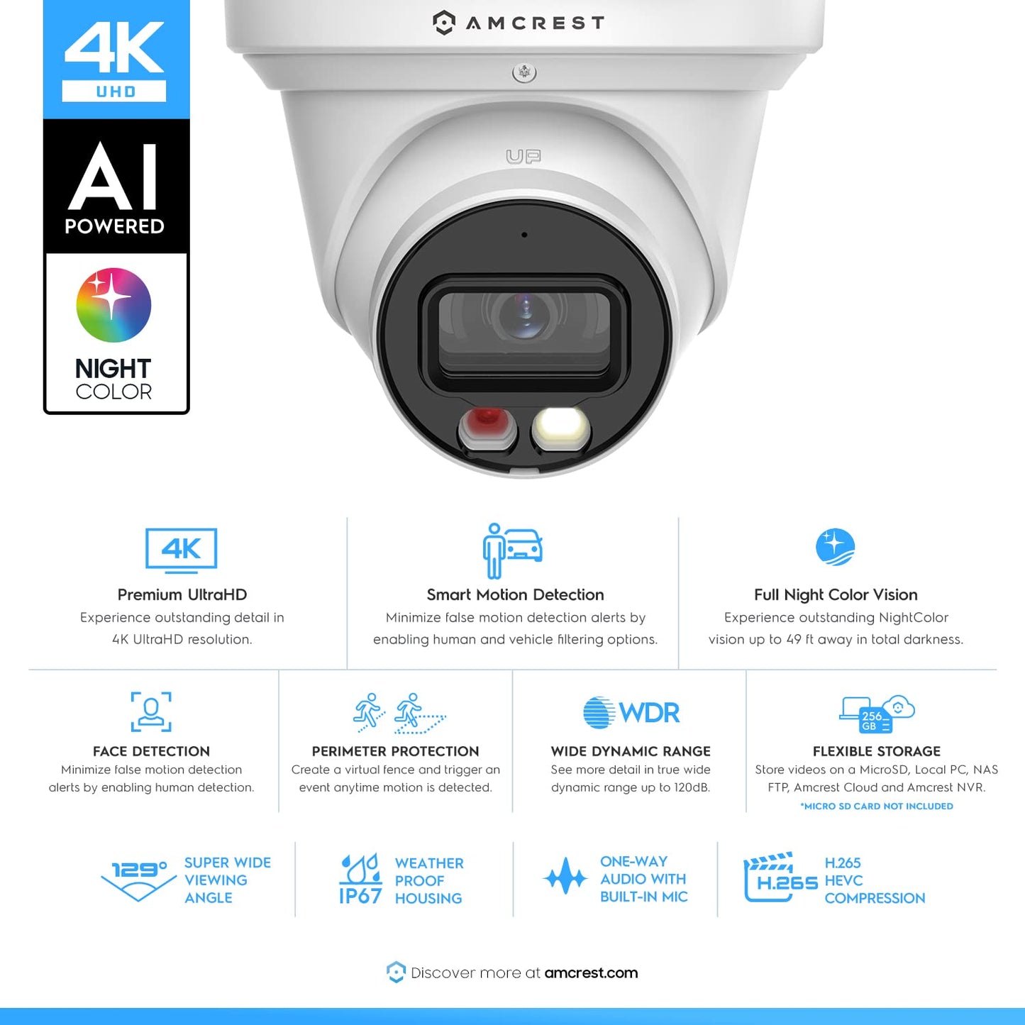 Amcrest 2-Pack UltraHD 4K (8MP) IP PoE AI Camera, 49ft Nightcolor, Security Outdoor Turret Camera, Built-in Mic, Human Detection, Active Deterrent