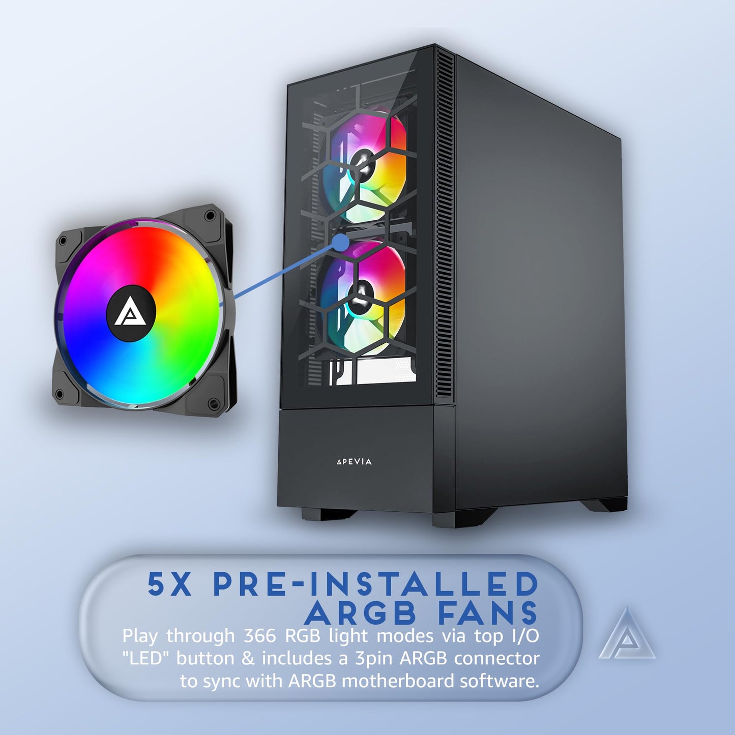 Apevia Eclipse-BK Eclipse Mid Tower Gaming PC Case w/ 5X 120mm ARGB Fans, 366 RGB Light Modes, Minimalistic Honeycomb Design, Tempered Glass Front &