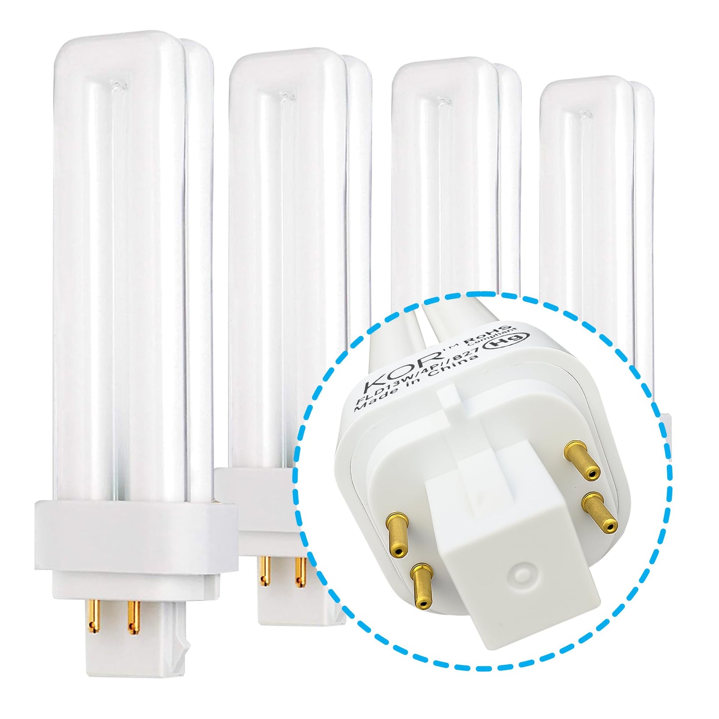 KOR 13W Double Tube CFL Light Bulbs, G24Q-1 4-Pin, 4100K Cool White, 4 Pack