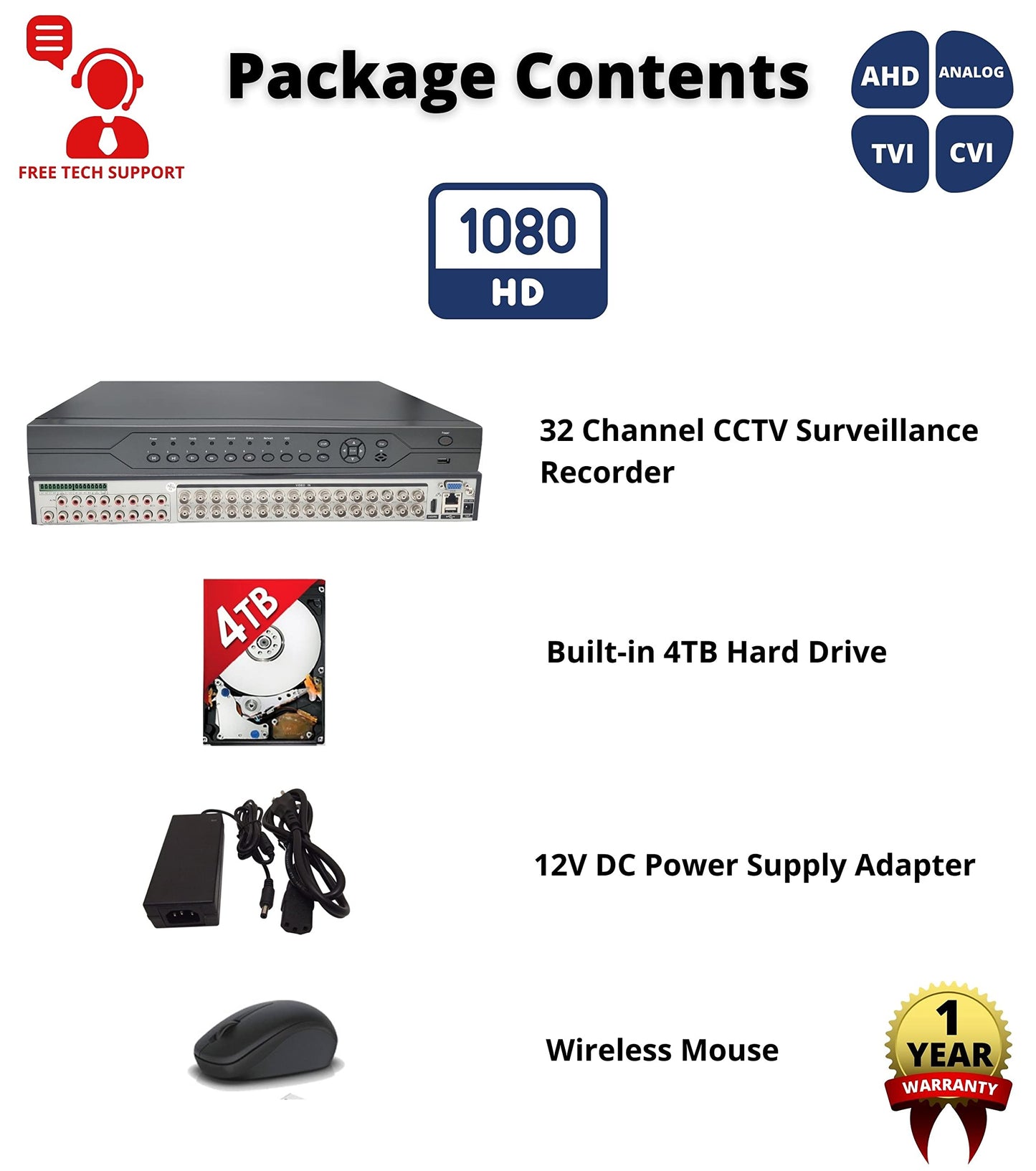 Evertech 32 Channel DVR with Hard Drive 4TB H.264 Digital Video Recorder for CCTV Security Surveillance Camera System 32ch HD TVI AHD CVI Analog