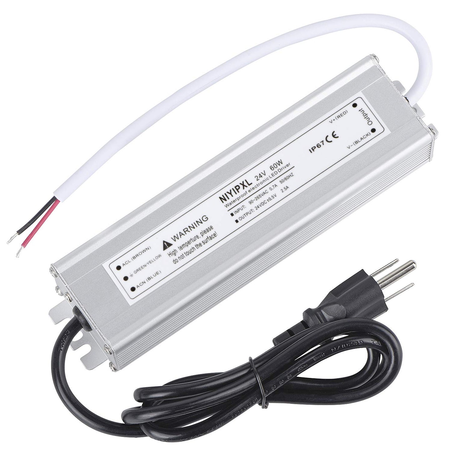 LED Driver 60 Watts 24V DC Low Voltage Transformer? Waterproof IP67 LED Power Supply, Adapter with 3-Prong Plug 3.3 Feet Cable for Any 24V DC led
