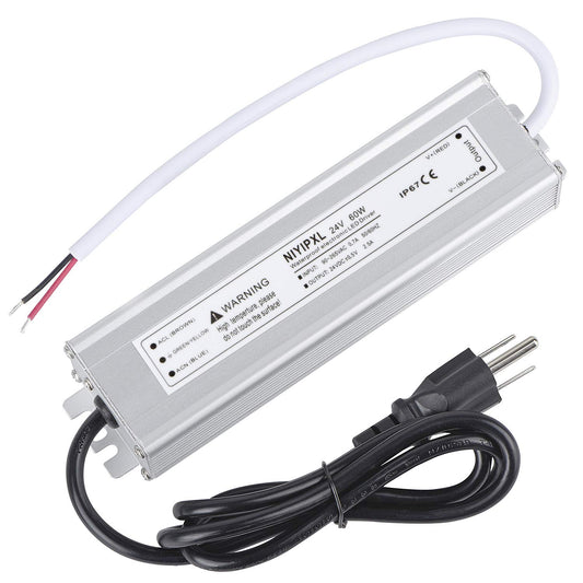LED Driver 60 Watts 24V DC Low Voltage Transformer? Waterproof IP67 LED Power Supply, Adapter with 3-Prong Plug 3.3 Feet Cable for Any 24V DC led