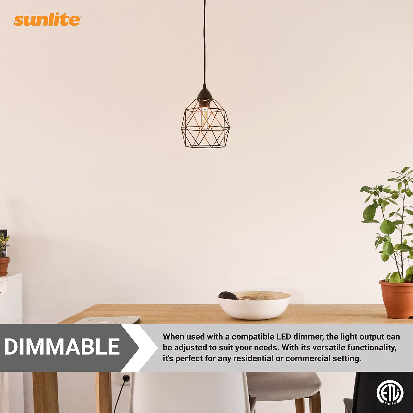 Sunlite 41149 LED Filament T10 Tubular Light Bulb, 6 Watts (40W Equivalent), 460 Lumens, Medium E26 Base, Dimmable, 128 mm, 85 CRI, ETL Listed, 2200K