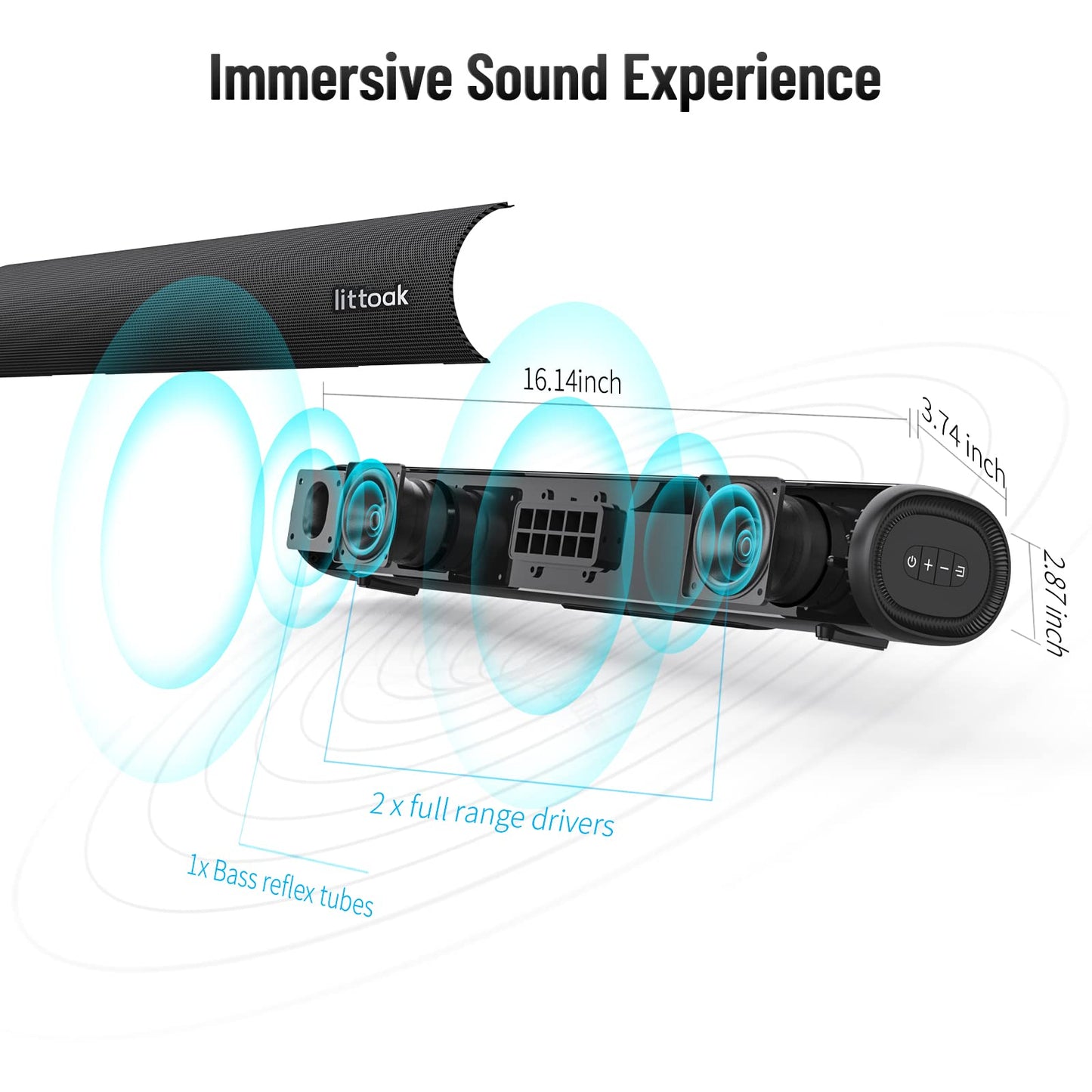 LITTOAK Sound Bar for TV, BT 5.0 Soundbar, 50 Watt 16 Inch Soundbars for Home Audio, Gaming, Projectors, TV Speakers Supports HDMI