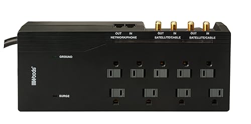 Woods 41653 9-Outlet 3500-Joule Surge Protector with 6-Foot Cord and Phone/Coax Protection, Black