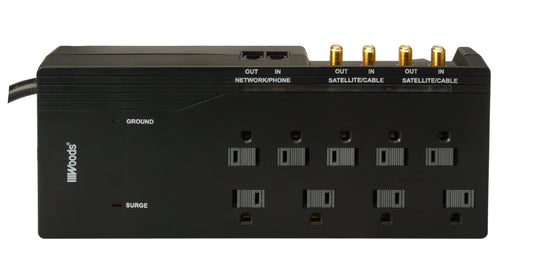 Woods 41653 9-Outlet 3500-Joule Surge Protector with 6-Foot Cord and Phone/Coax Protection, Black