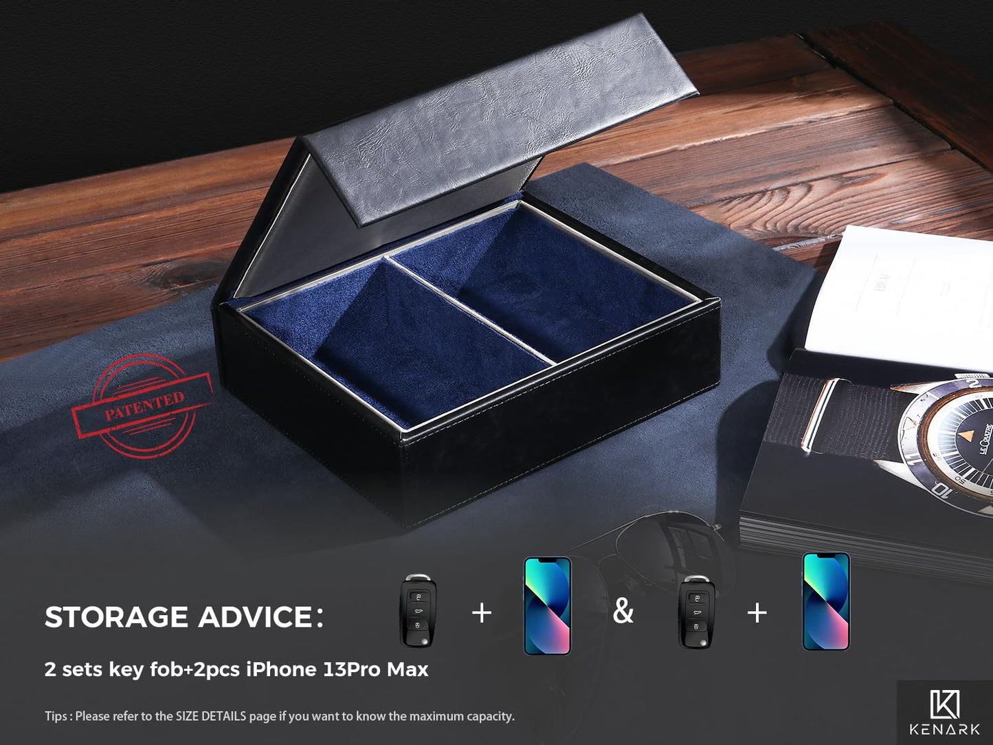 KENARK KK7 PLUS-DB Faraday Key Fob Protector Box with 2 Slots, RFID Signal Blocking Shielding Box for Car Keys, Anti-Theft Vintage Faraday Cage