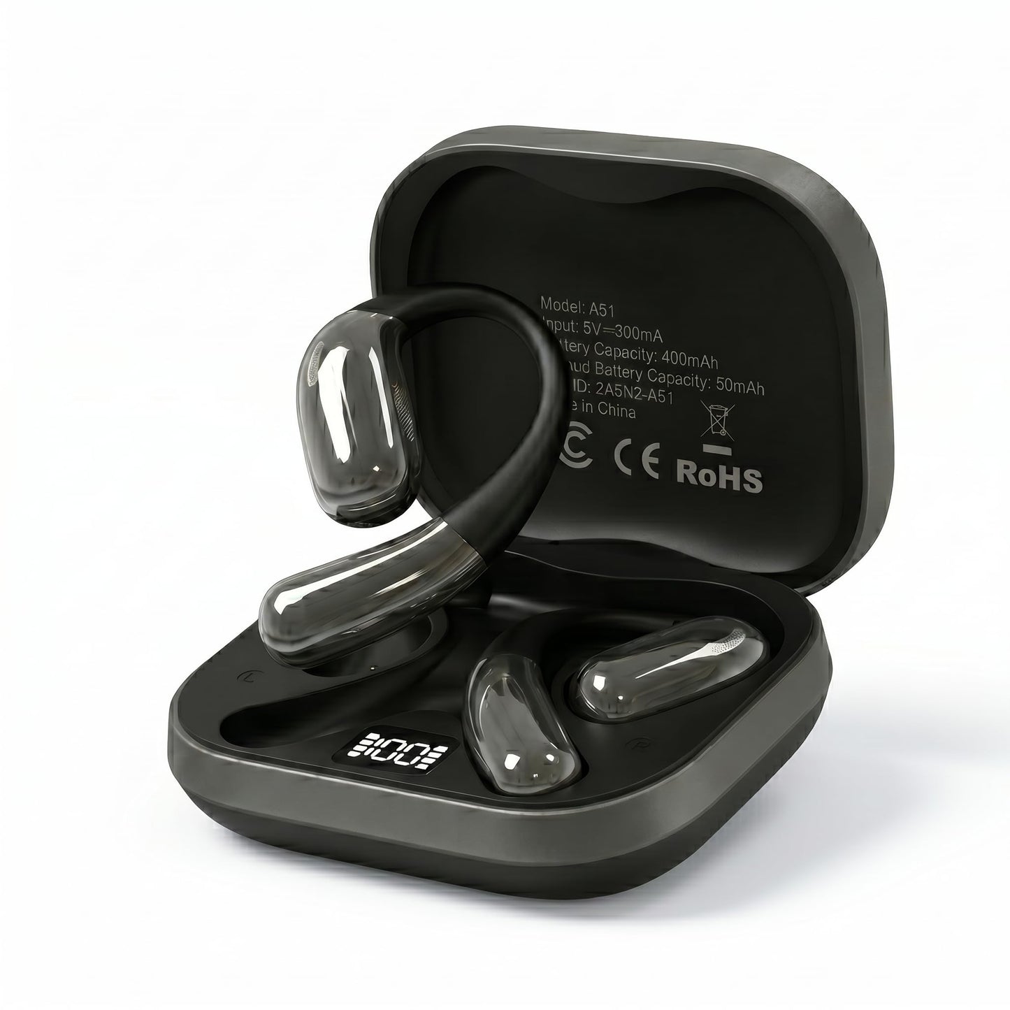 Open Ear Headphones, Wireless Headphones with Smart Digital Display & Mic, Open Ear Earbuds 35H Playtime, Sweat Resistant & Waterproof, Secure