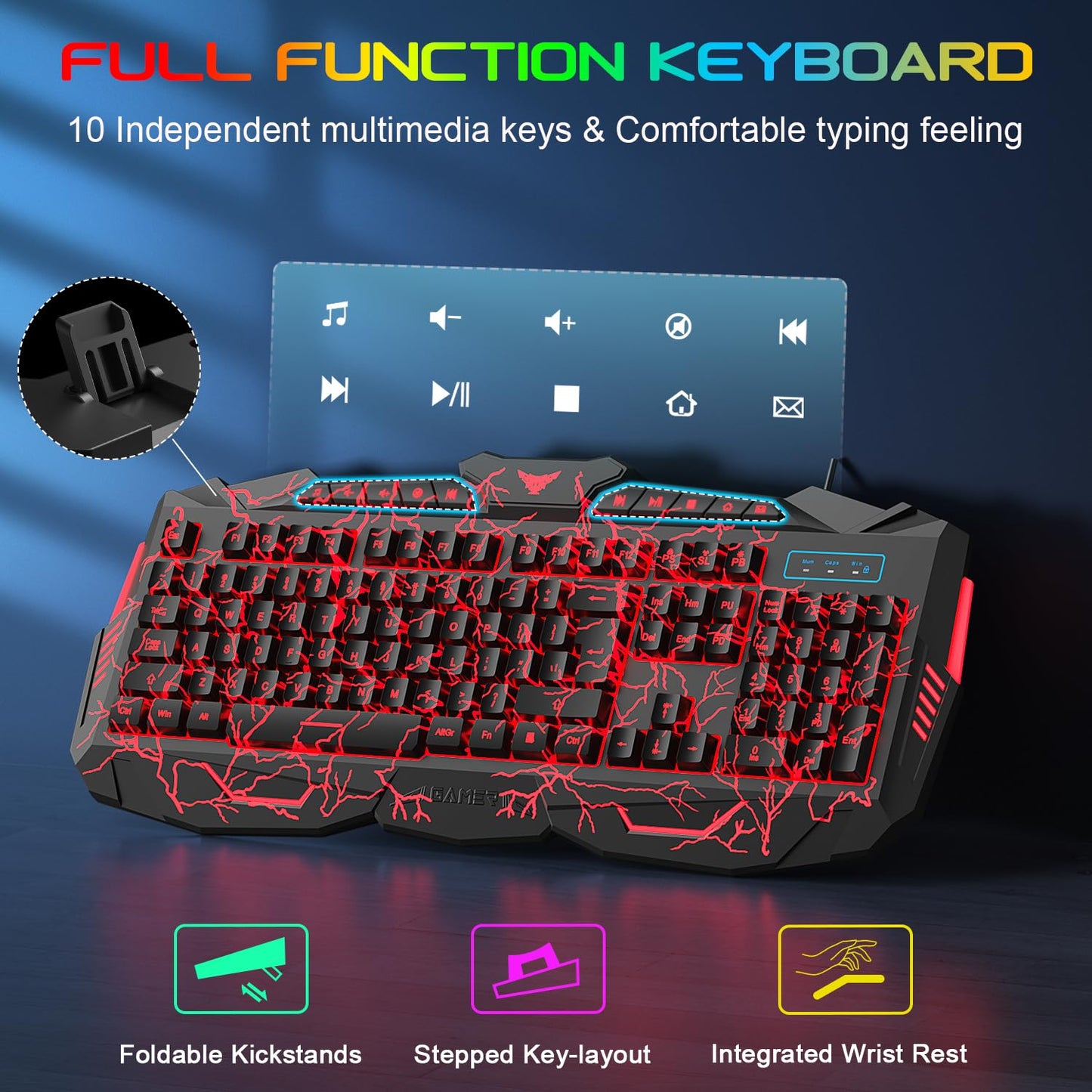 BlueFinger Backlit Gaming Keyboard and Mouse Combo,USB Wired Backlit Keyboard Mouse Game Set,Multimedia Keys,3 Color LED Crack Illumination Keyboard