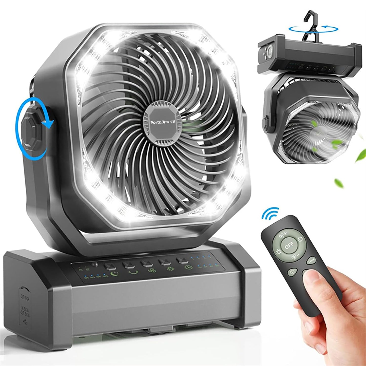 Porta Breeze 20000mAh Rechargeable Camping Fan w Light, Portable Battery Operated High Velocity Floor Table Fan; Oscillating w Timer, Remote