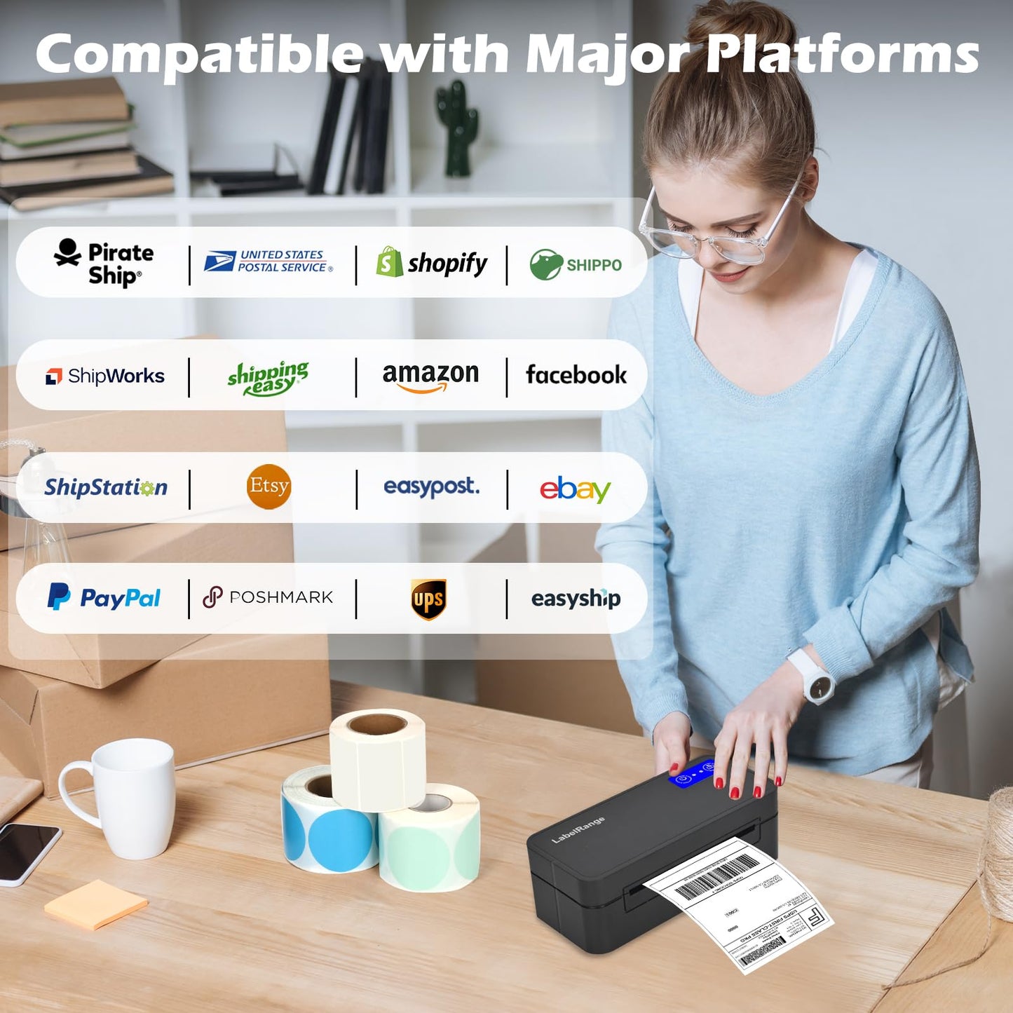 Bluetooth Thermal Label Printer for Mac, Windows, Phone, Tablet, Wireless 4x6 Shipping Label Printer for Shipping Packages, Support USPS, Ebay