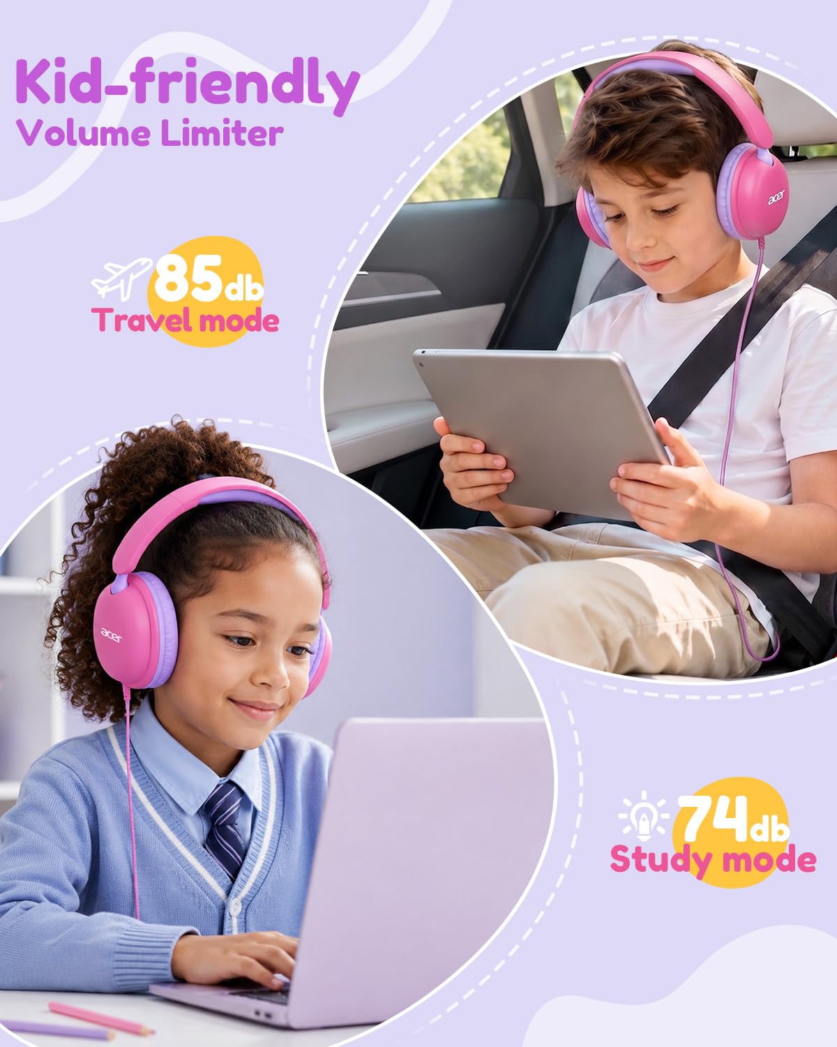 Acer OHW355 Kids Headphones with Cord for School,Over Ear Wired Headphones