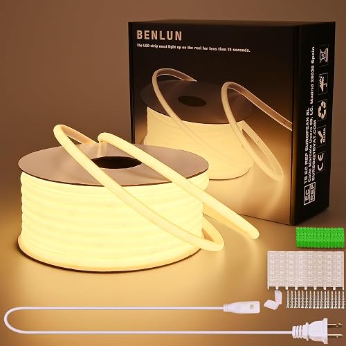 BENLUN AC 110V COB LED Strip Lights 98.4ft, 3000K Warm White LED Rope Light Outdoor Waterproof, 10W/M CRI 90+ Flexible Cuttable, for Bedroom, Living
