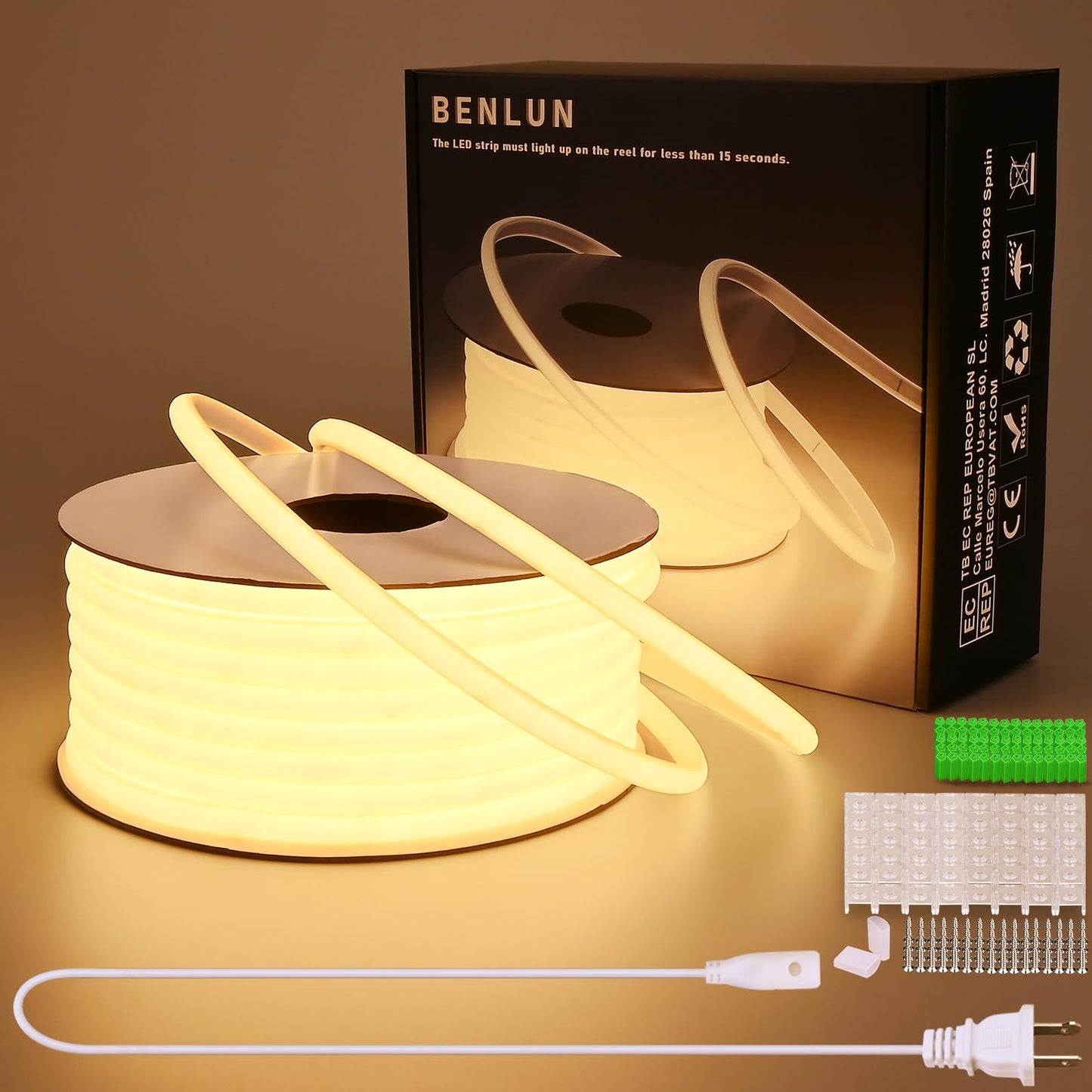 BENLUN AC 110V COB LED Strip Lights 98.4ft, 3000K Warm White LED Rope Light Outdoor Waterproof, 10W/M CRI 90+ Flexible Cuttable, for Bedroom, Living