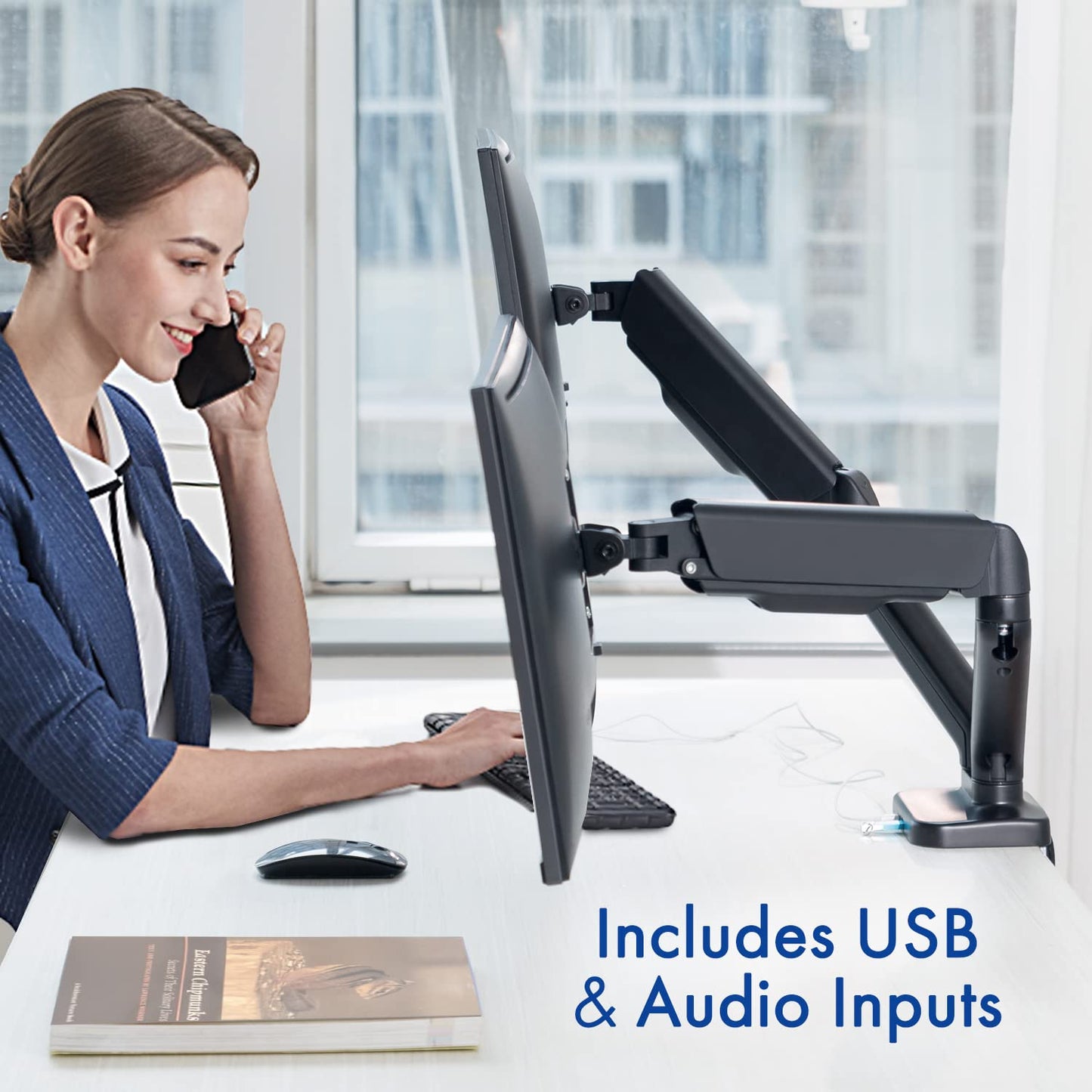Stellar Mounts Dual Spring LCD Monitor Arms with USB and Multimedia Ports for: Dell 27 inch Monitor FHD (1920 x 1080) 16:9 Ratio with Comfortview