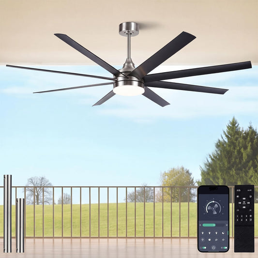 GLOVAO 72" Industrial Ceiling Fan with Light, 8 Blade, Brushed Nickel