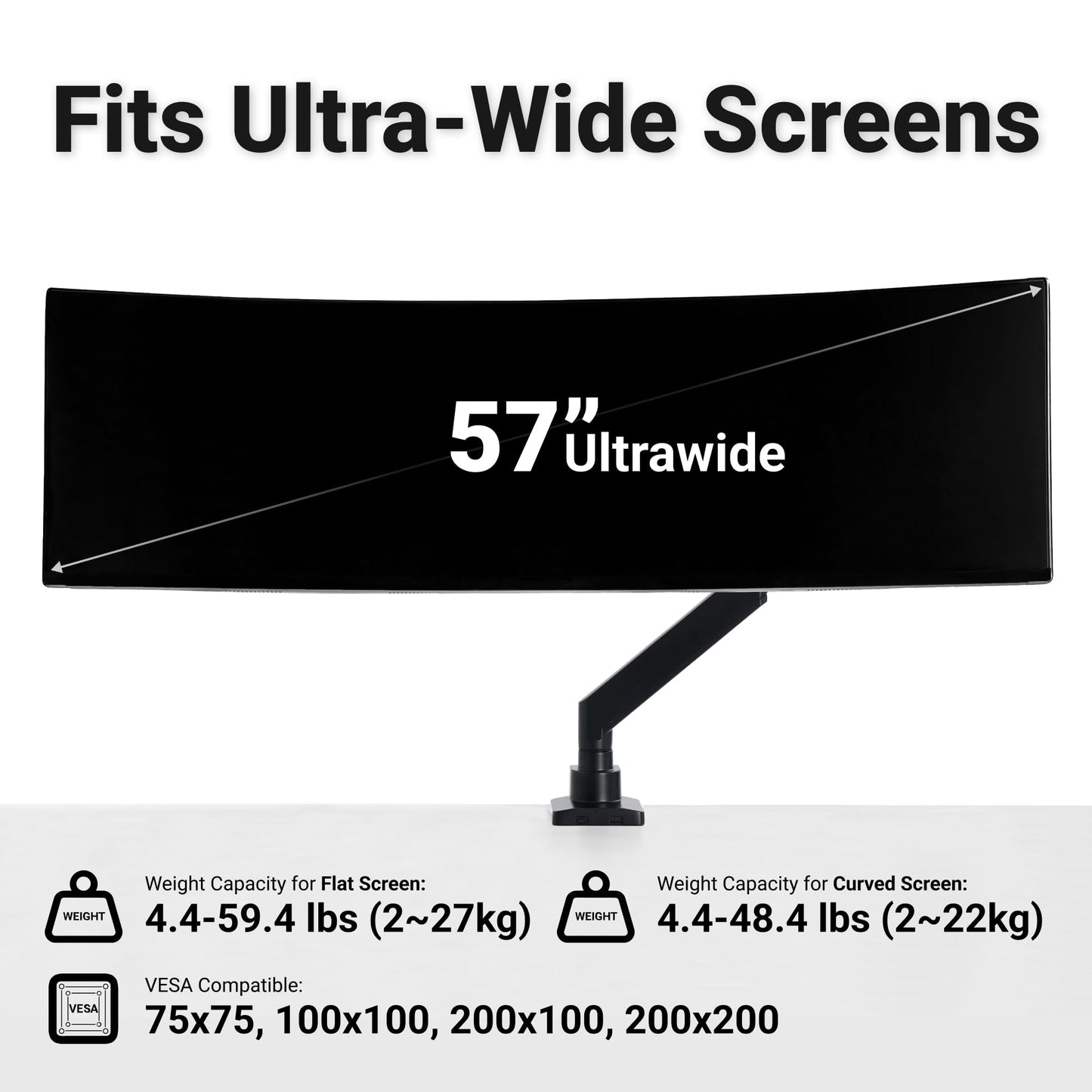 Hexcal Heavy Duty Monitor Arm for 57" Ultrawide Screens, Support up to 59.4 lbs, Full Motion Desk Mount with Quick Release VESA (75/100/200mm)