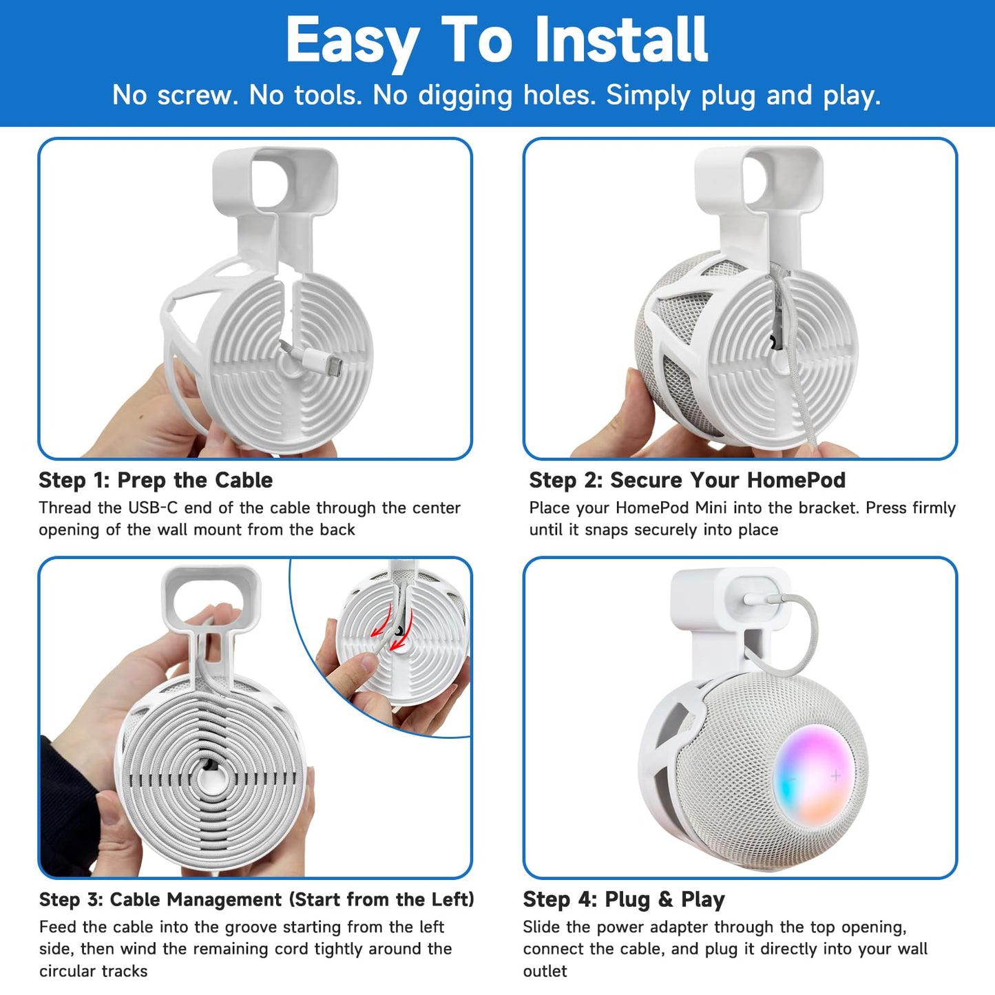 CUHIOY Wall Mount for HomePod Mini, Built-in Cord Management Speaker Stand for Outlet Home Pod, Space-Saving Smart Plug Holder for Homepod, Safe