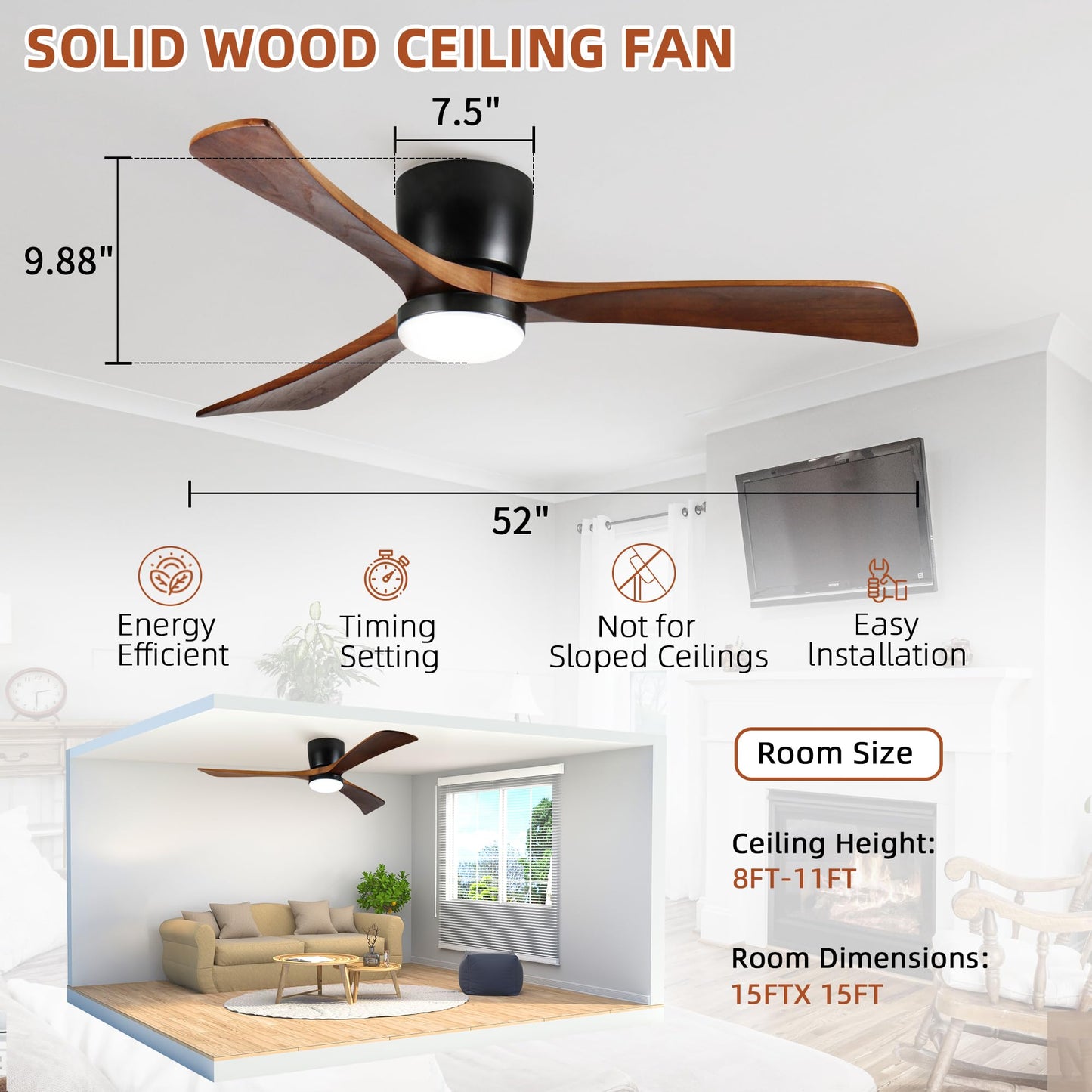Wanze of ocean Ceiling Fans with Lights 52 Inch Flush Mount, Wood Blade, LED Dimmable DC Reversible Modern Ceiling Fan with Remote Control
