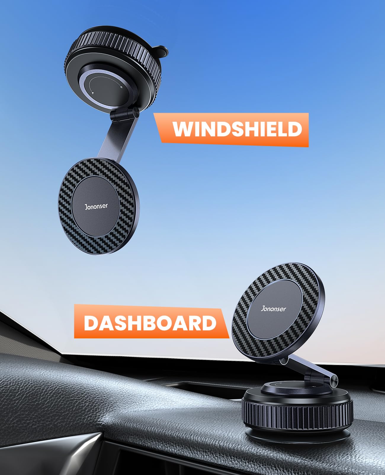 Jononser Suction Phone Mount for Car Dashboard/Windshield - 360°Adjustable Magnetic Phone Holder for Car, Foldable Car Phone Holder for iPhone