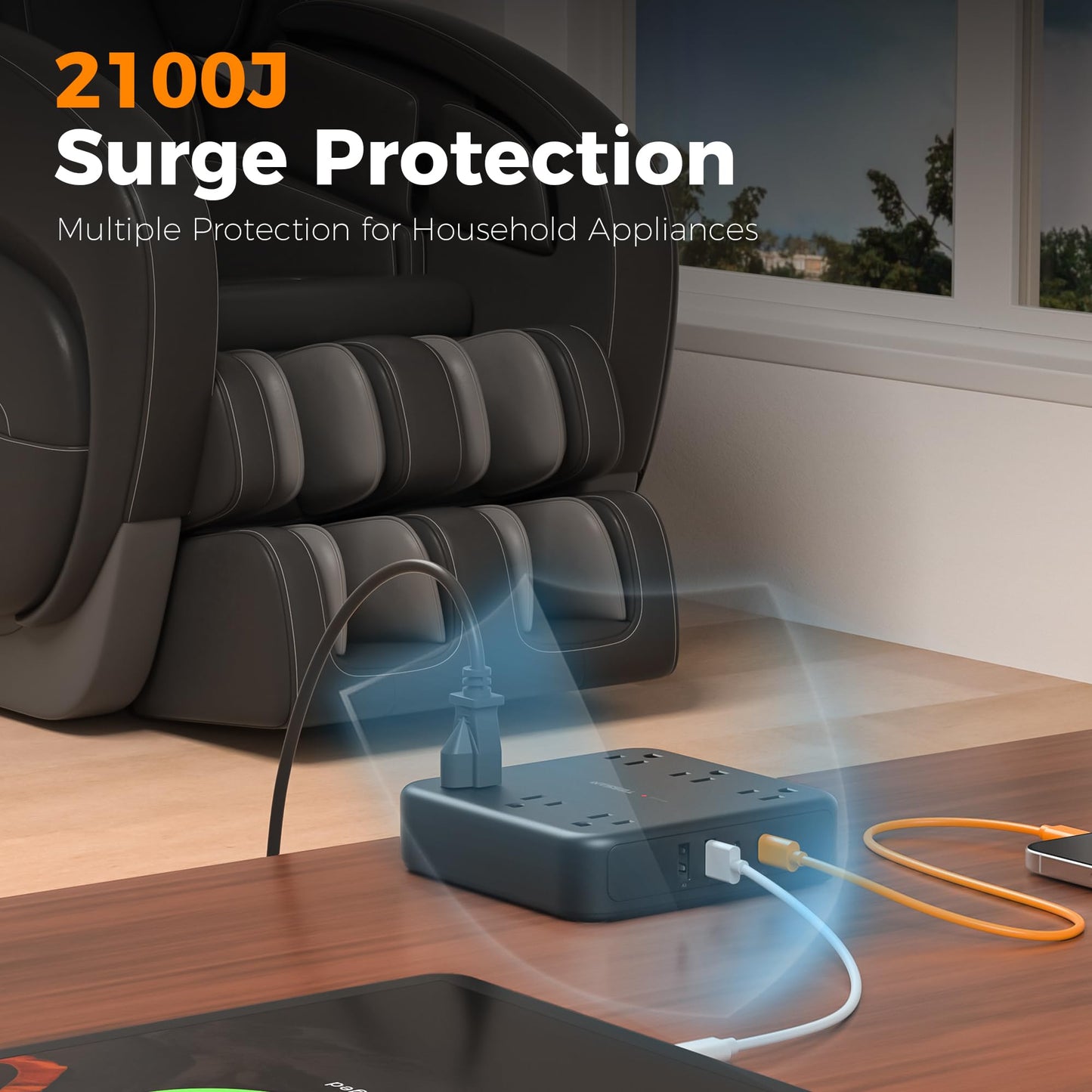 TESSAN Black Extension Cord with Fast Charger, Surge Protector Power Strip with 6 Outlets and 4 USB Ports (2 USB C), 2100 Joules Protection, Flat