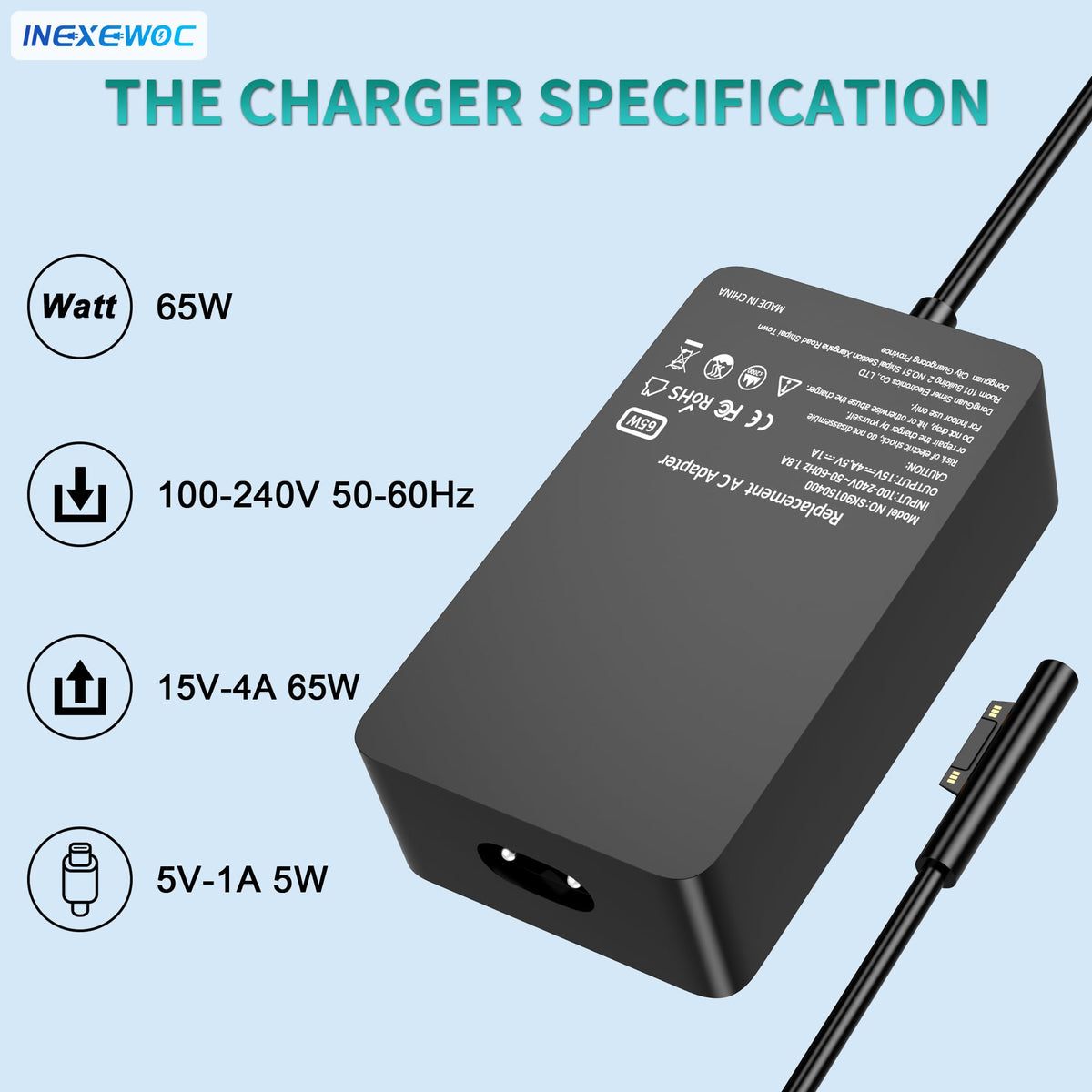 INEXEWOC 65W Surface Pro Charger Compatible with Microsoft Surface Pro 11,10, 9, 8, 7+, 6, 5, 4, 3, X, Windows Surface Laptop 6, 5, 4, 3, 2, 1