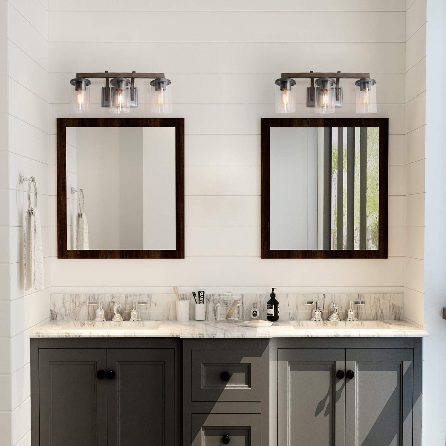 LALUZ Bathroom Vanity Light Fixtures, 3-Light Farmhouse Vanity Light with Clear Glass Shades, Faux Wood, 20’’ L x 6.3’’ W x 8.7’’ H