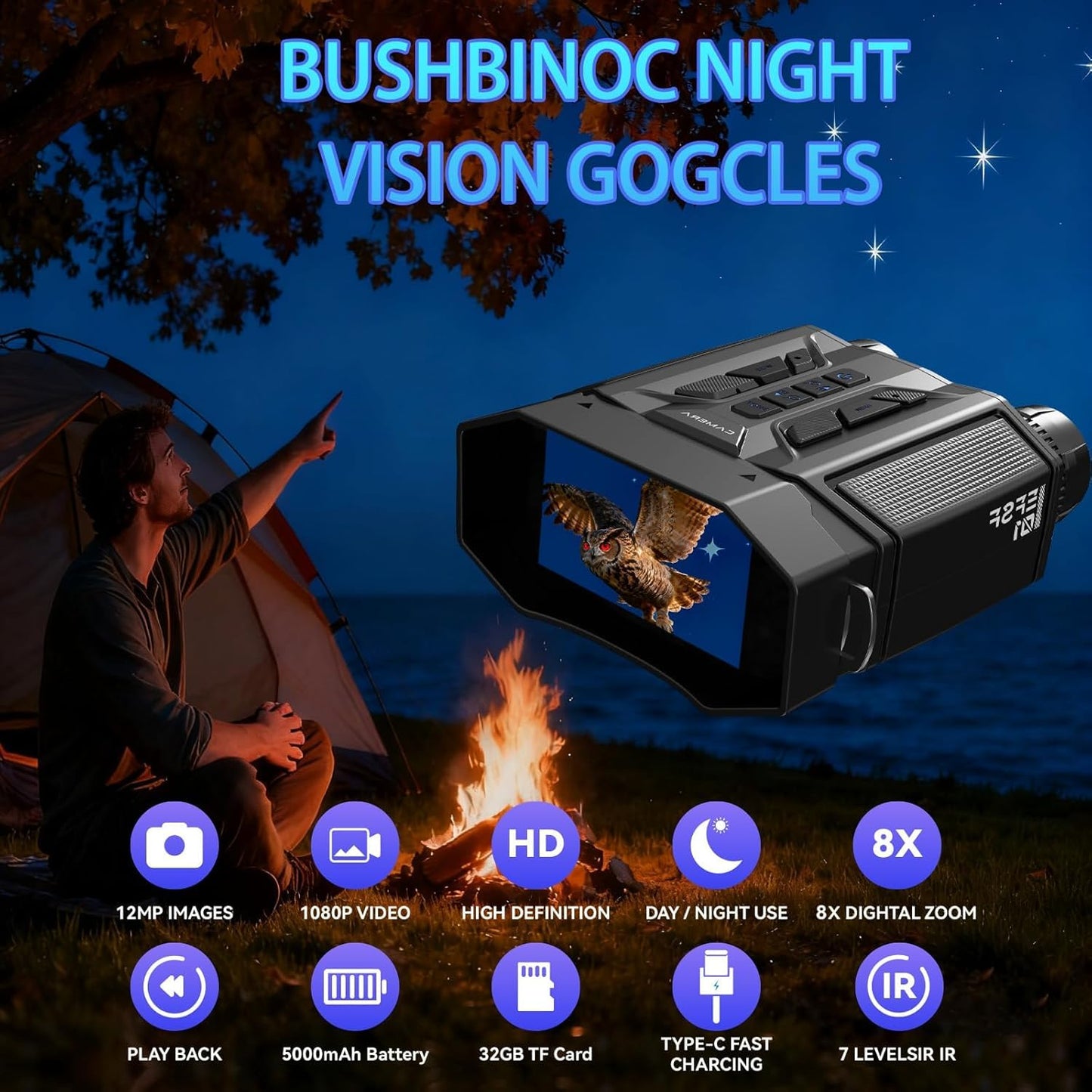 Night Vision Goggles & Binoculars with 1080P Video Camera, 4000mAh Rechargeable Battery, 32GB Card & 3" Screen, Backlit Buttons, 984ft Viewing Range