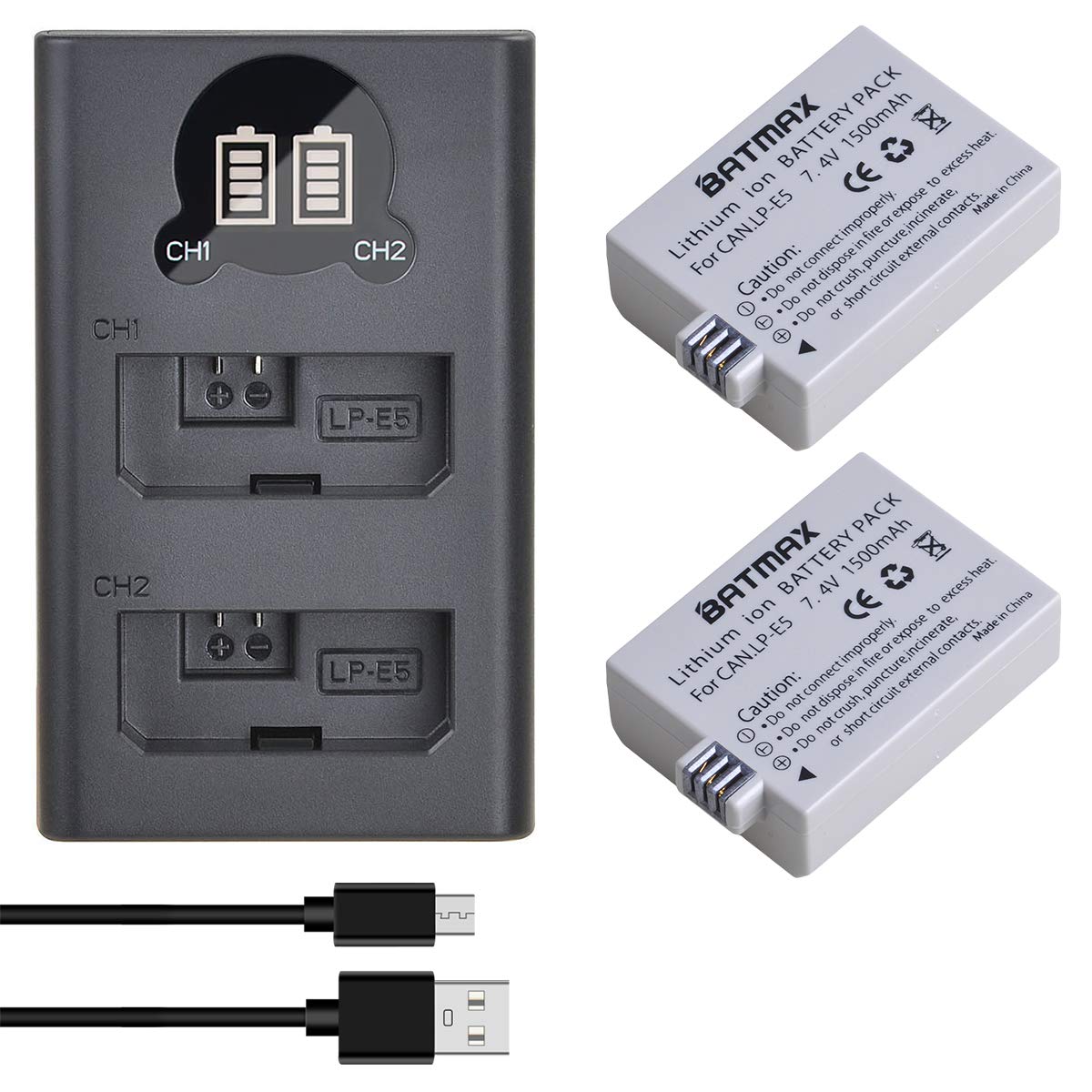 Batmax 2Packs LP-E5 Battery + LCD Dual USB Charger with Type C Port for Canon EOS Rebel XS, Rebel Xsi, Rebel T1i, 1000D, 500D, 450D, Kiss F, Kiss X2
