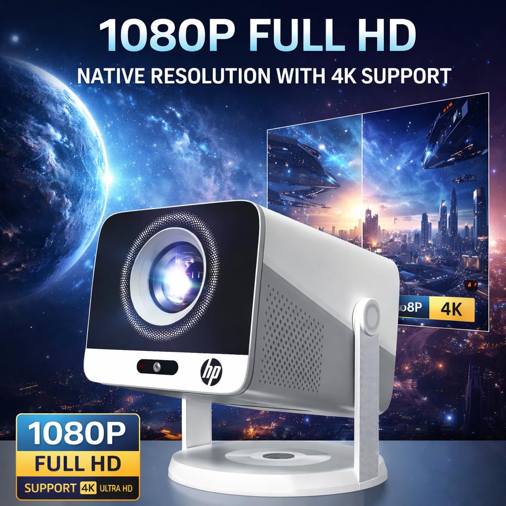 Mini Projector 1080P Full HD, HP MC425 Portable Projector, Projector with WiFi and Bluetooth, Short Throw Projector for Bedroom, Smart Outdoor Movie