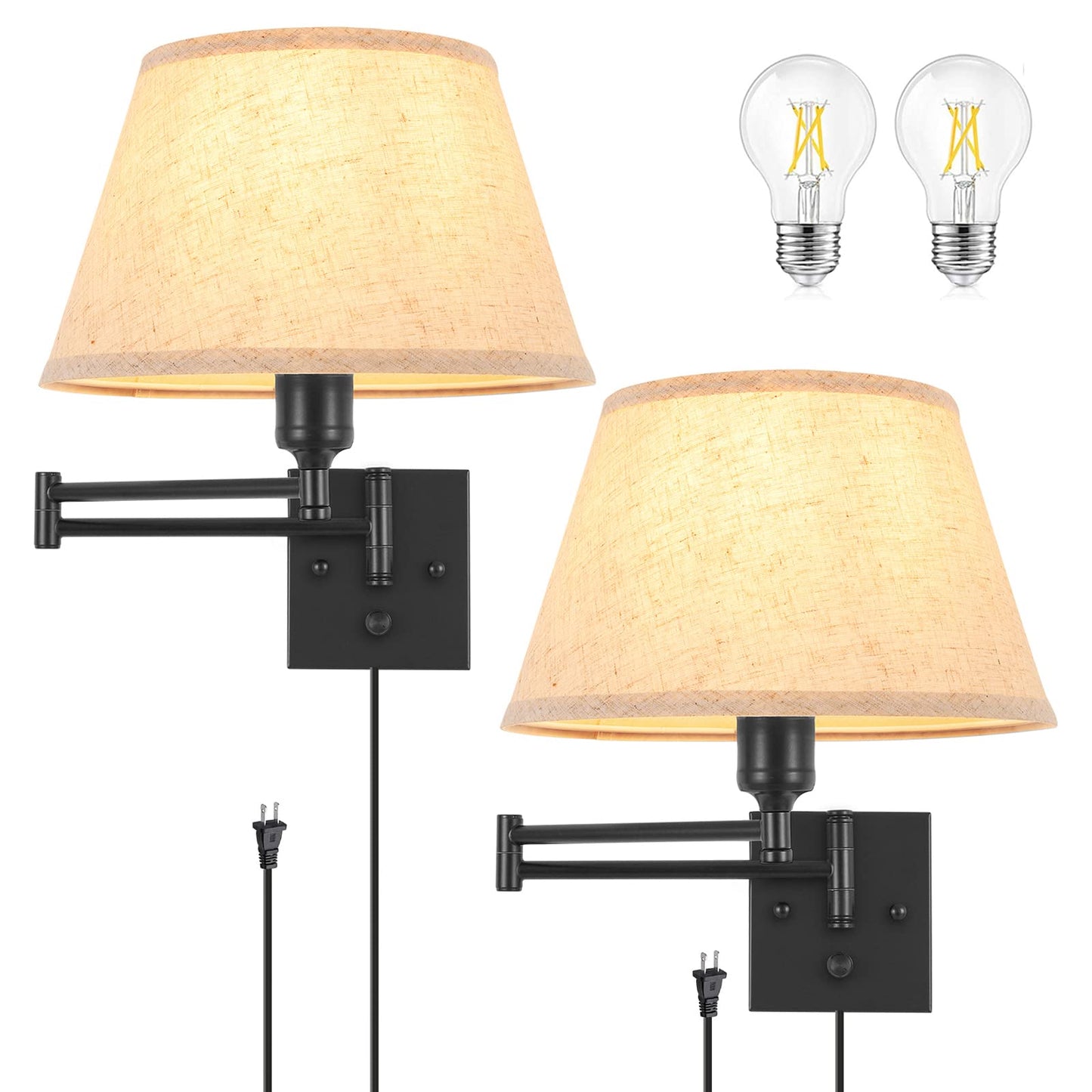 TRLIFE Dimmable Wall Sconce Plug in, Wall Sconces Set of Two Swing Arm Wall Lights with Plug in Cord and On/Off Dimmer Rotary Switch, 11.8" Large