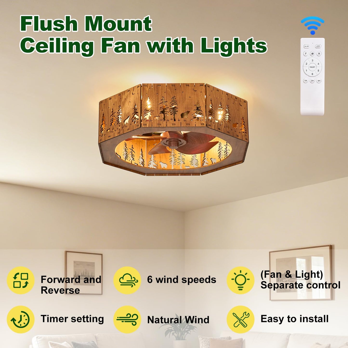 SAYTOP 20 Inch Farmhouse Wood Ceiling Fan with Lights & Remote