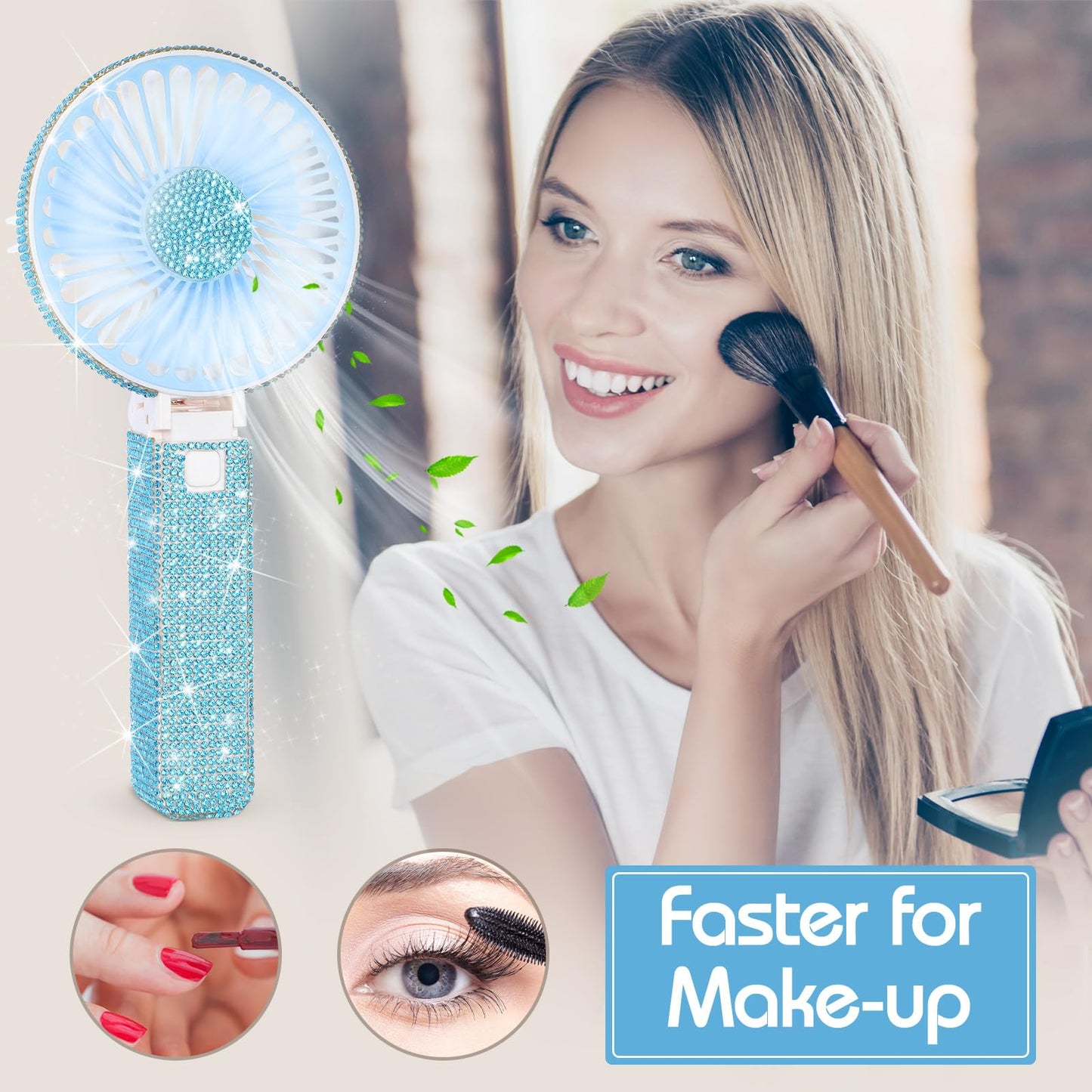 Mudder Rhinestone Bling Handheld Bride Fan Crystal, Blue, Foldable