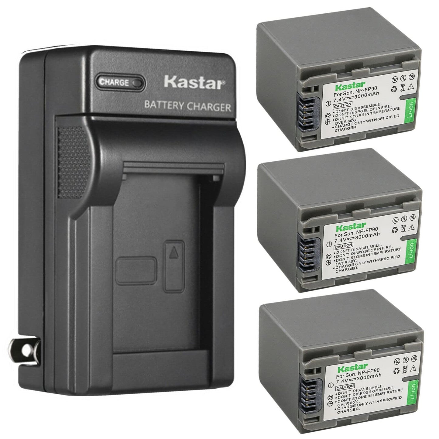 Kastar NP-FP90 / FP91 3-Pack Battery and AC Wall Charger Replacement for Sony DCR-HC44, DCR-HC46, DCR-HC65, DCR-HC85, DCR-HC94, DCR-HC96, DCR-SR30