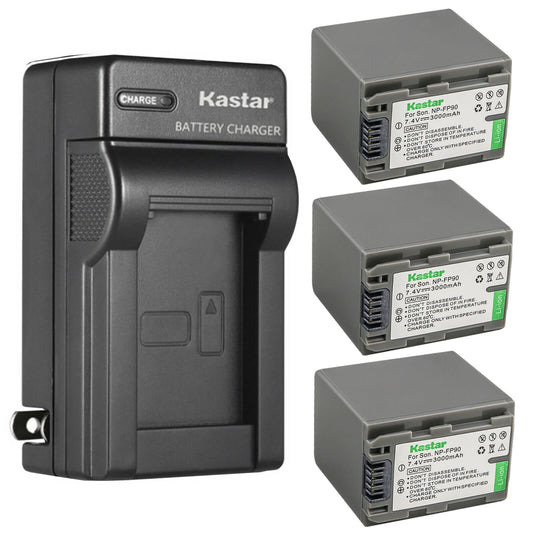 Kastar NP-FP90 / FP91 3-Pack Battery and AC Wall Charger Replacement for Sony DCR-HC44, DCR-HC46, DCR-HC65, DCR-HC85, DCR-HC94, DCR-HC96, DCR-SR30