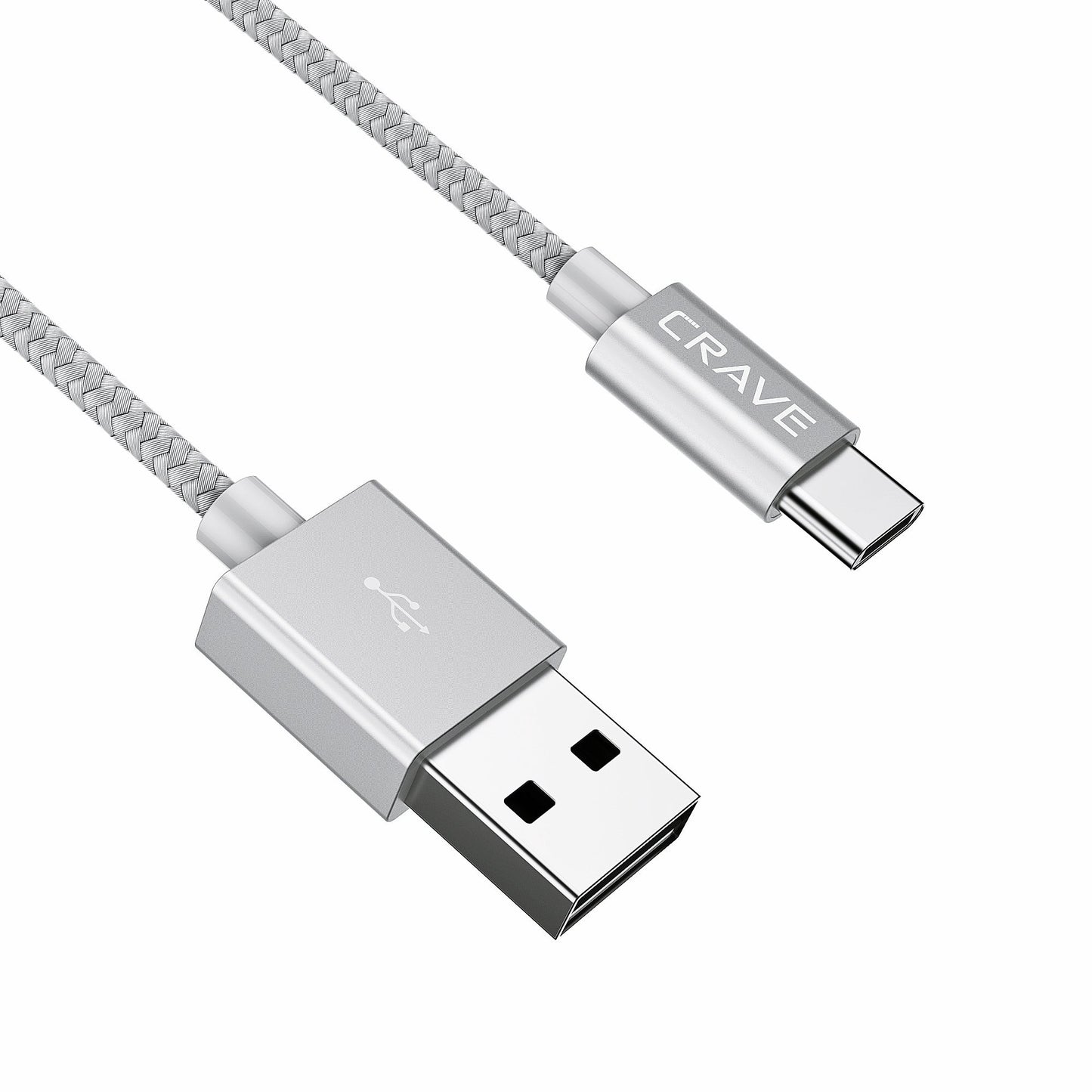 Crave Type C Cable, USB-A to USB-C Cable Premium Nylon Braided Cable, 3 Feet - Silver