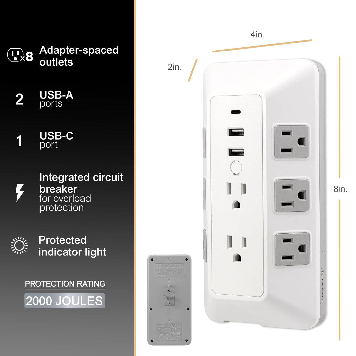 GE 8-Outlet Surge Protector with USB, Outlet Extender, 2 USB-A, 1 USB-C, Adapter Spaced, Multi Plug, Charging Station, for Home School and Office