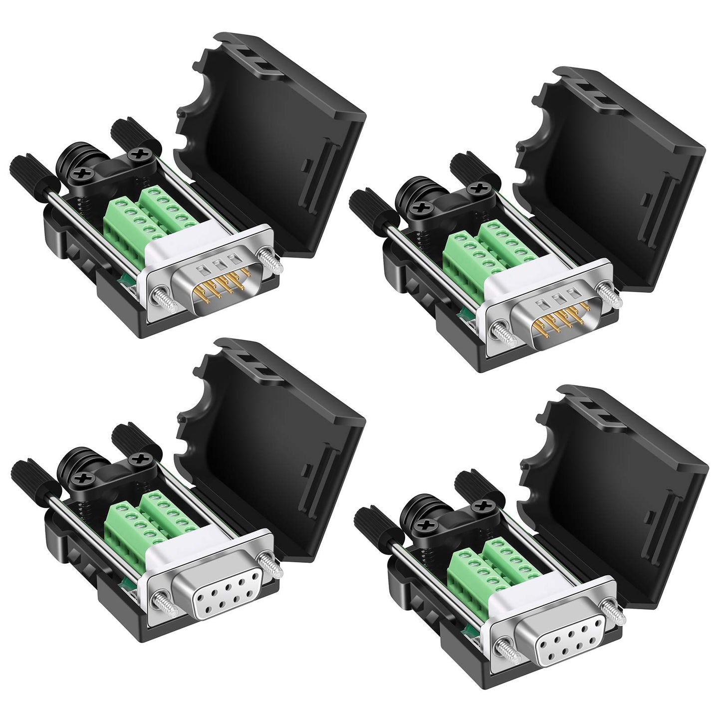 Dbilida DB9 Solderless Connector (2Male+2Female), DB9 Breakout Connector RS232 D-SUB Serial to 9pin Port Terminal with Case