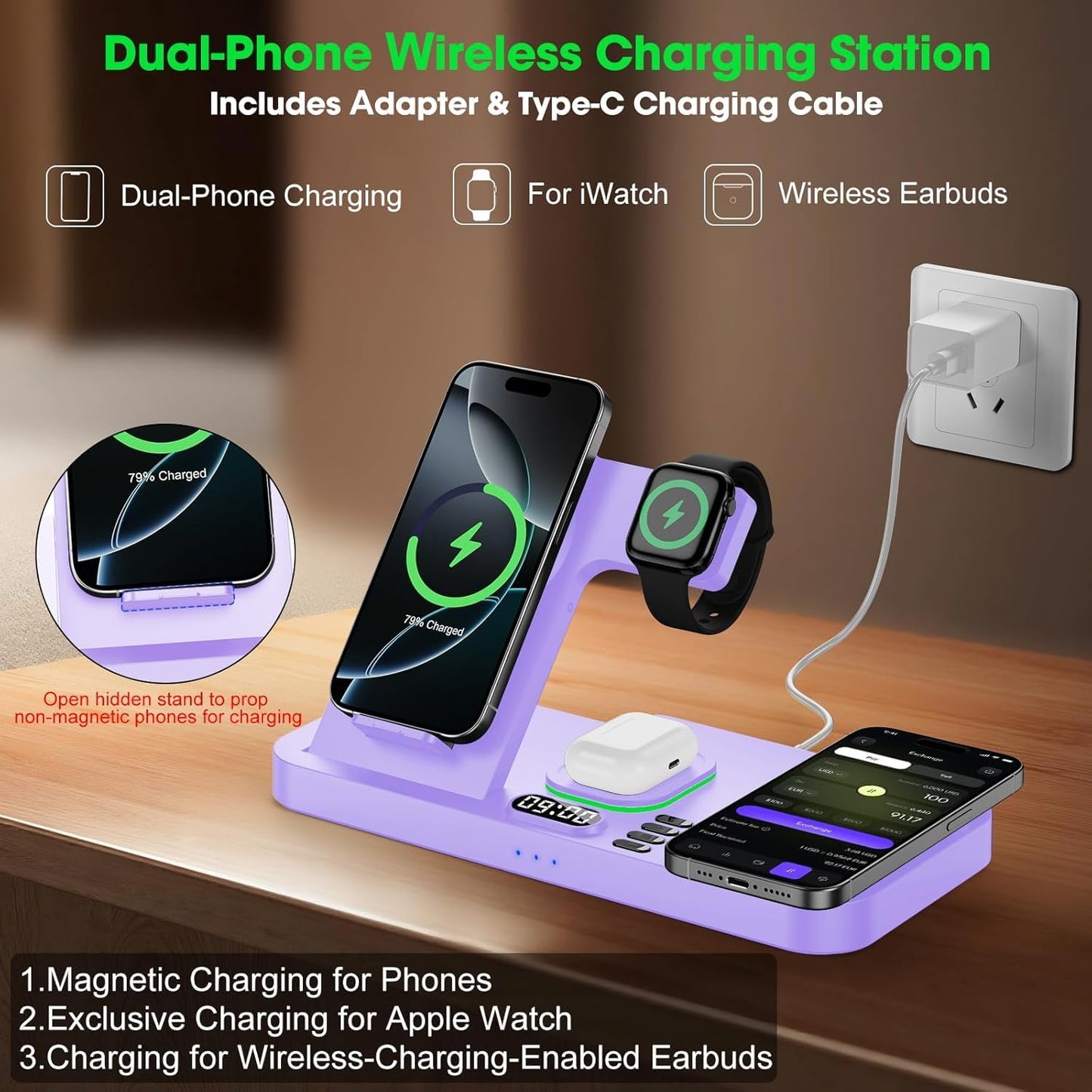 Dual Phone Wireless Charging Station for Apple Devices, Magnetic Charging Station for iPhone with Auto Switch 7-Color Light&Clock,Family Watch Charger