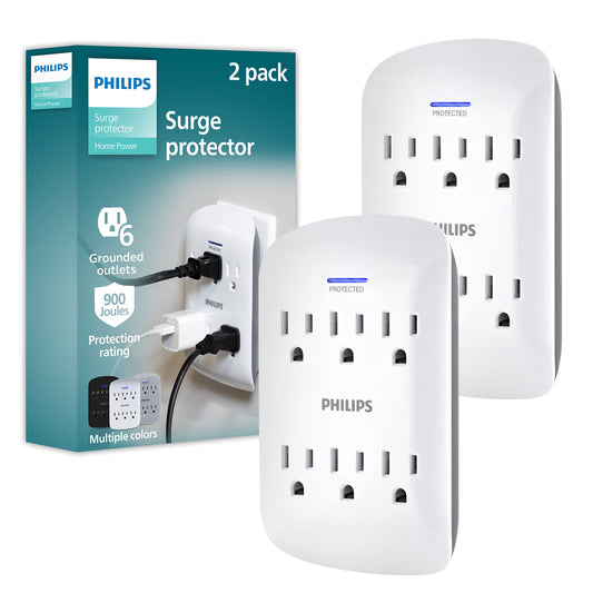 Philips 6-Outlet Extender Surge Protector, 2 Pack, Wall Tap, 900 Joules, 3-Prong, Space Saving Design, Protection Indicator LED Light, ETL Listed