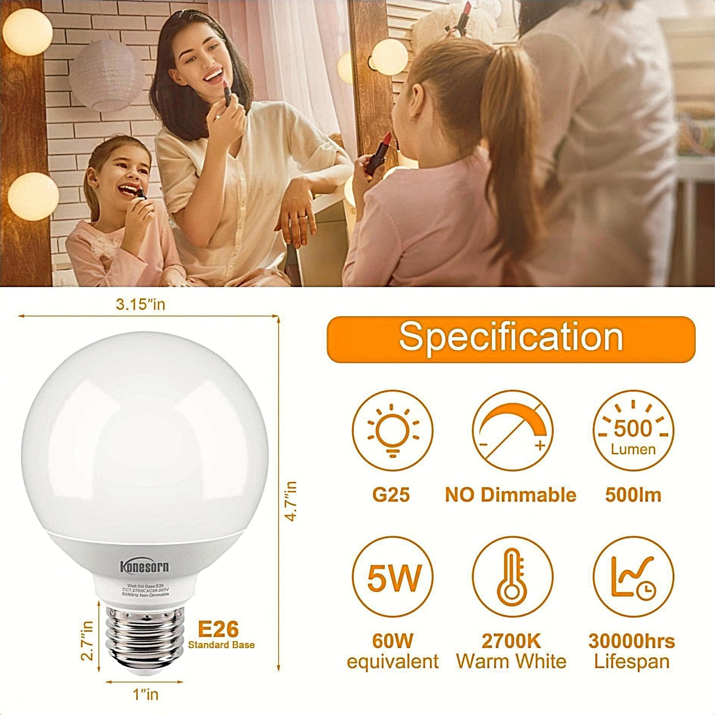 Honesorn 4 Pack G25 LED Globe Vanity Light Bulb 2700K Warm White, E26 Base