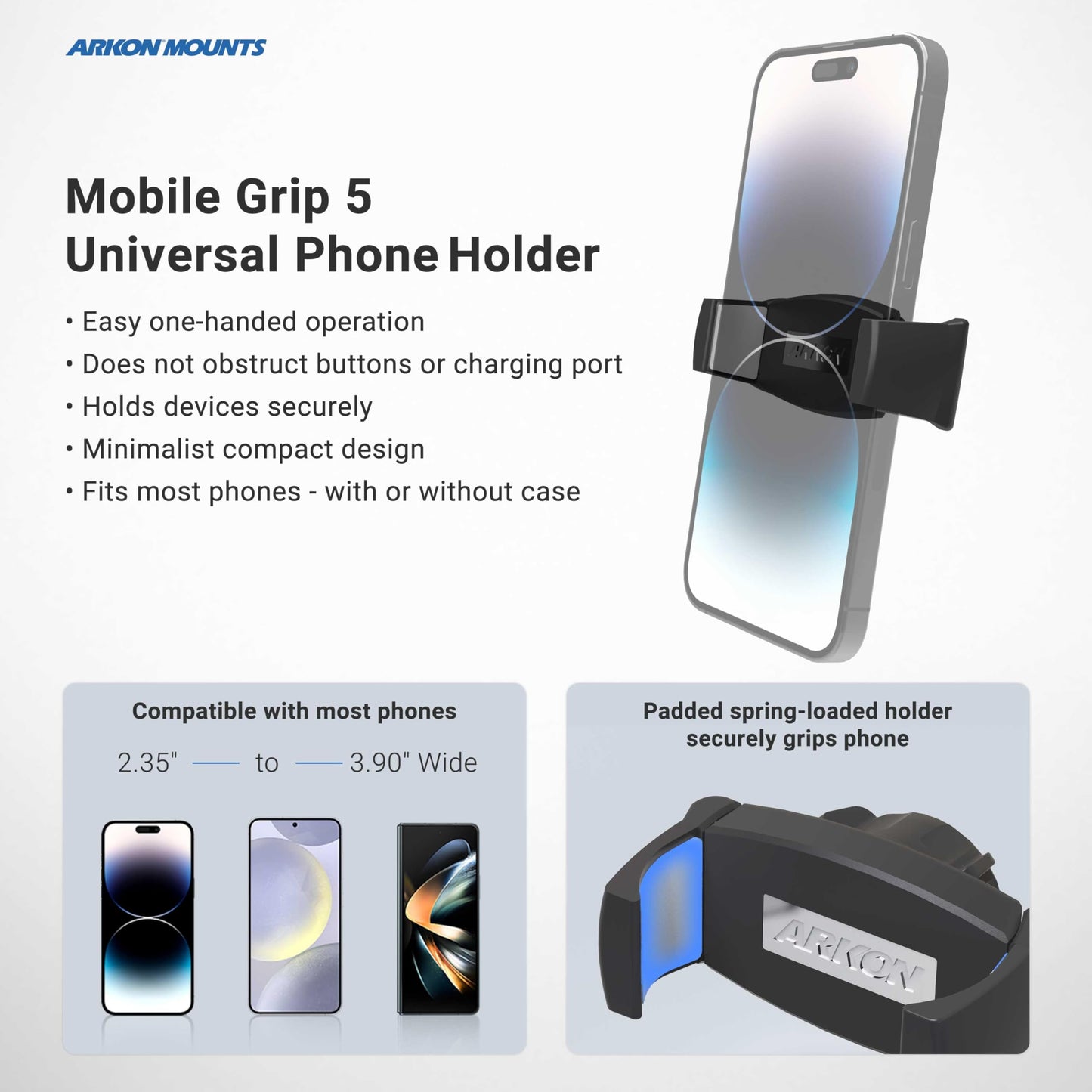 ARKON Mounts Mobile Grip 5 Phone Holder with Clamp Mount | Secure Spring-Loaded Holder | Clamp Phone Mount for Strollers, Treadmills, Bike |